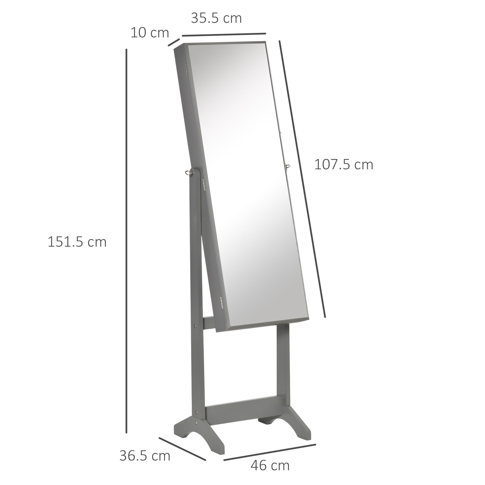 HOMCOM Full Length Mirror with Storage, Jewellery Cabinet with Mirror, Adjustable Angle and Stand, Lockable Jewellery Organiser for Bedroom Dressing Room, Grey - North Peak Garden Furniture