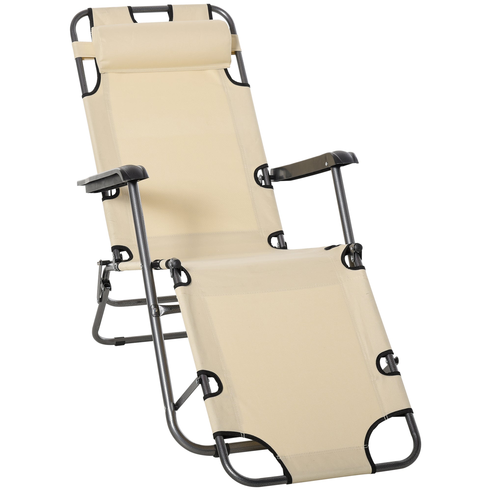 Outsunny 2 in 1 Sun Lounger Folding Reclining Chair Garden Outdoor Camping Adjustable Back with Pillow, Beige - North Peak Garden Furniture