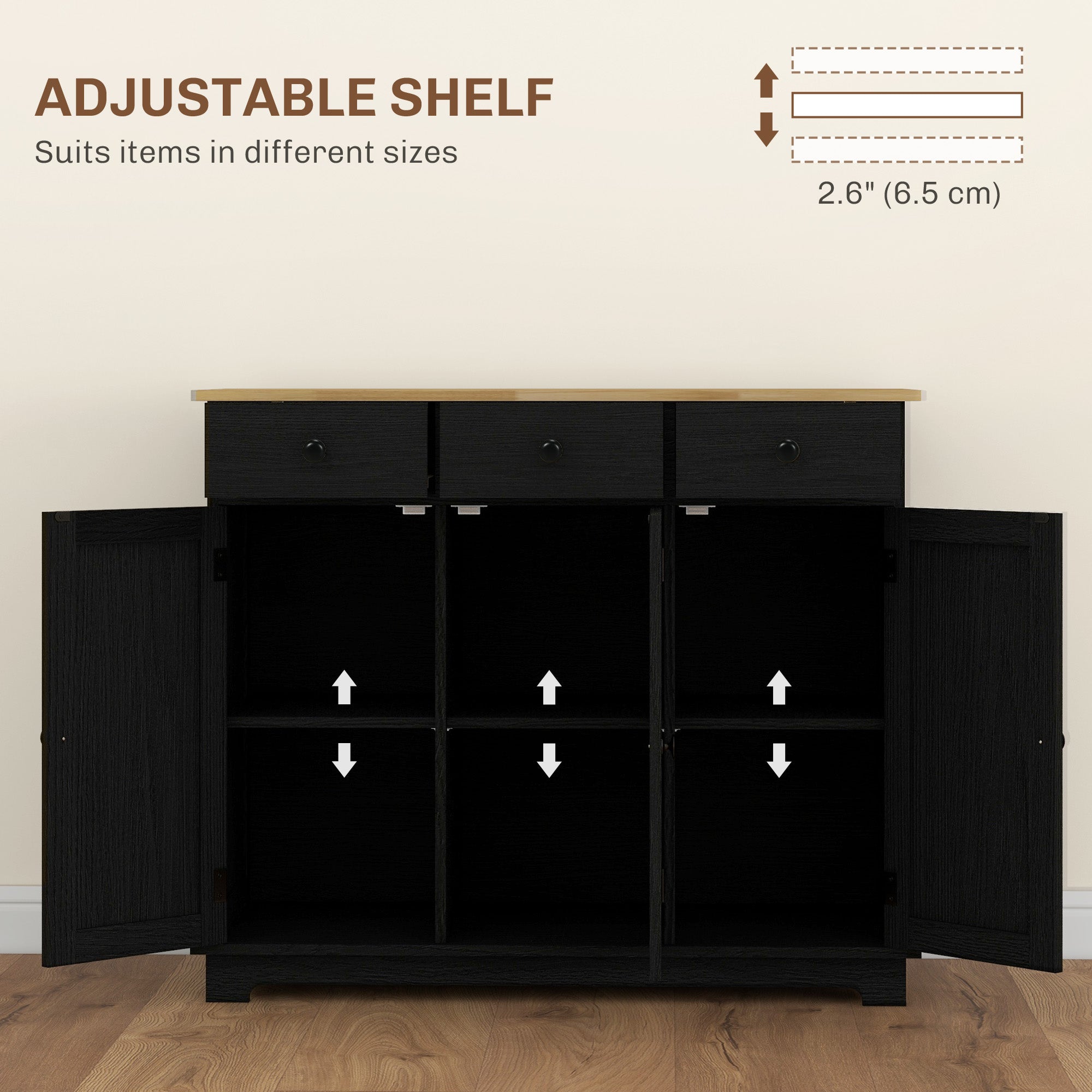 HOMCOM Sideboard with Rubberwood Top and Adjustable Shelves for Dining Room, Kitchen - Black Wood-Effect - North Peak Garden Furniture