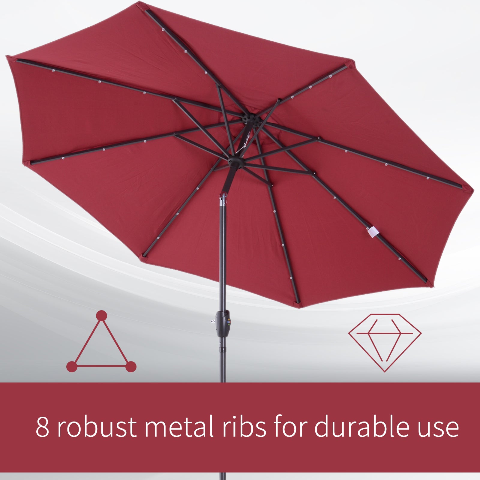 Outsunny Φ2.7m Garden 24 LED Light Parasol Solar Outdoor Tilt Sun Umbrella Patio Club Party Event Manual Sun Shade w/ Hand Crank and 8 Ribs, Red - North Peak Garden Furniture