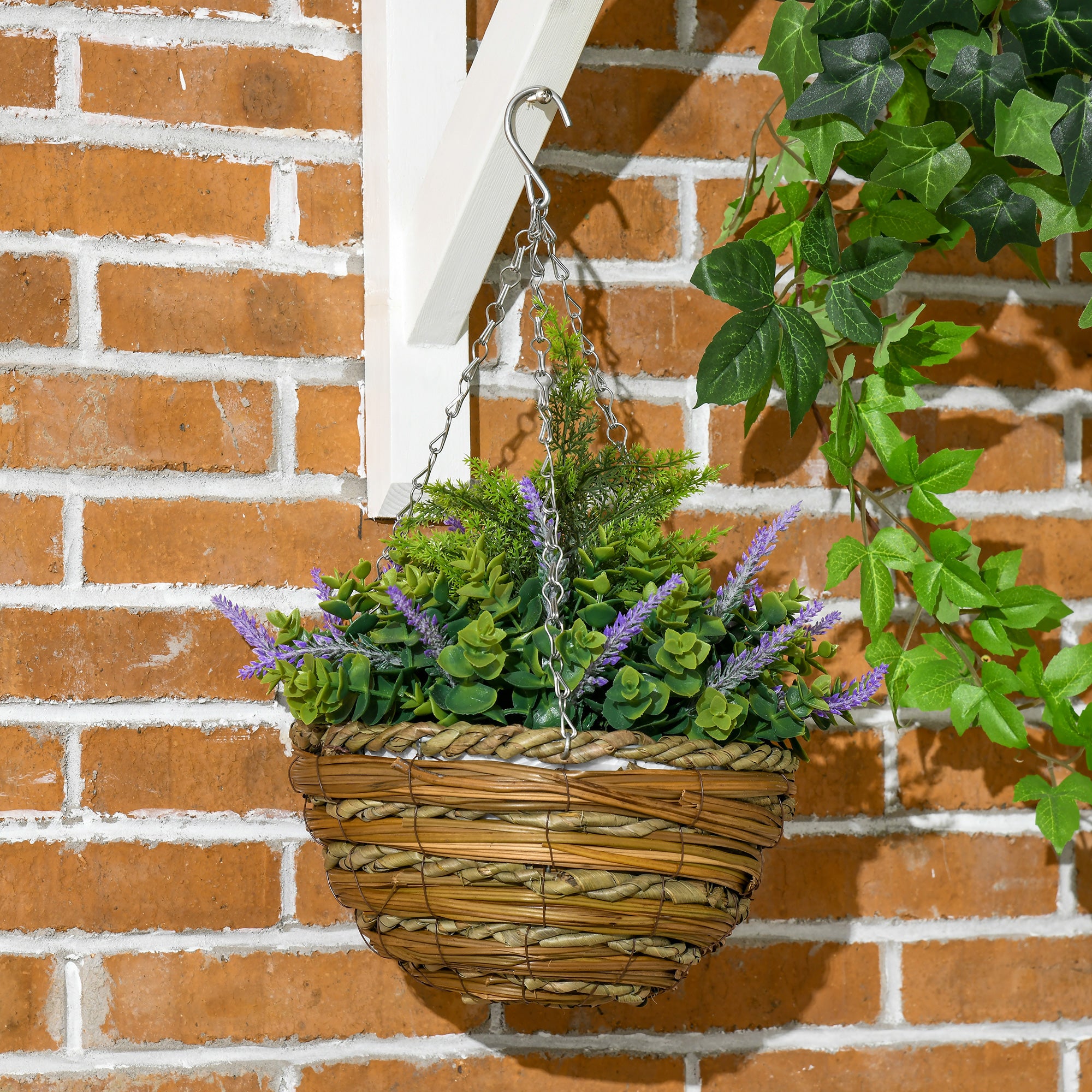 Outsunny 2 PCs Artificial Lisianthus Flower Hanging Planter with Basket for Indoor Outdoor Decoration, Purple