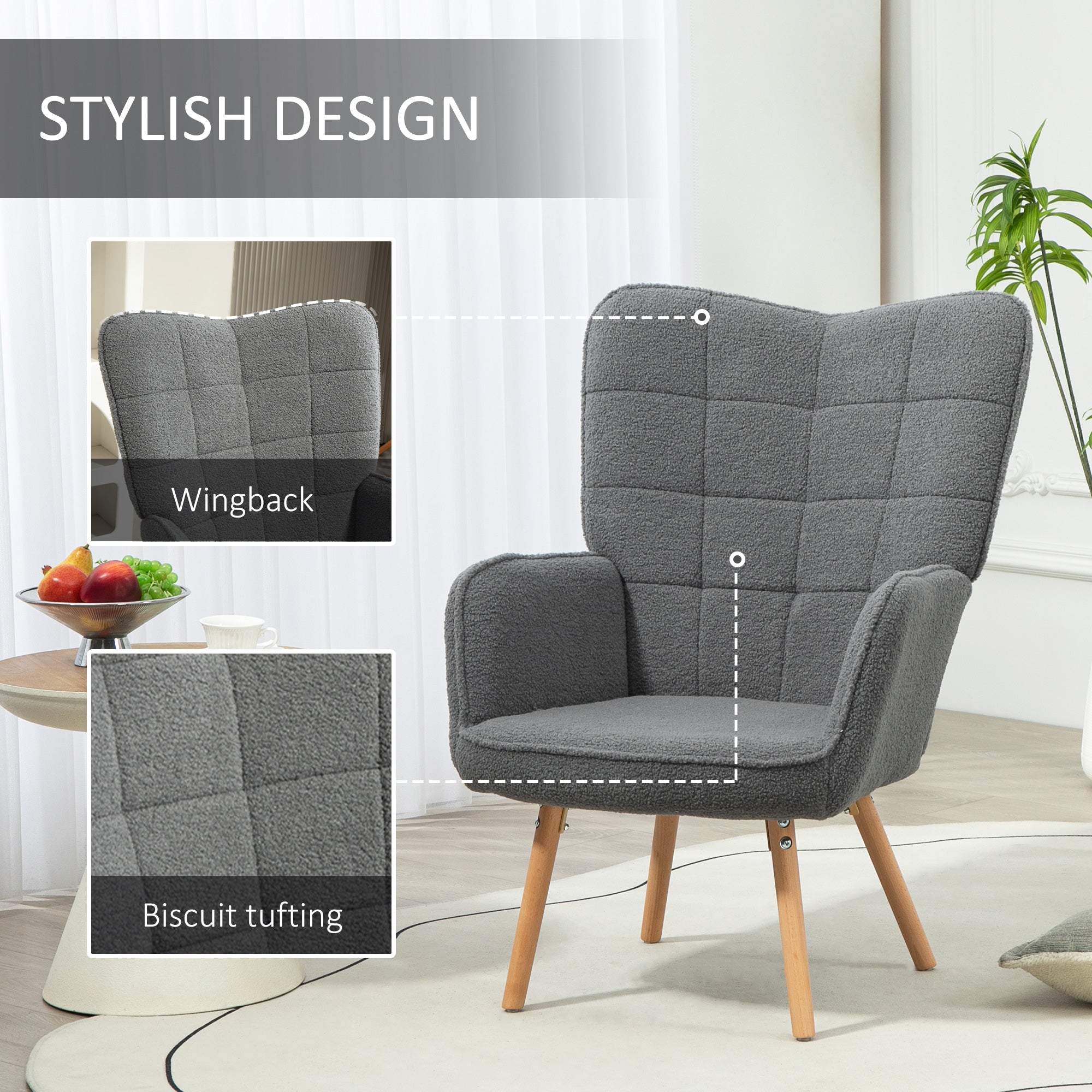 HOMCOM Modern Accent Chair, Upholstered Tufted Wingback Armchair with Seat Padding, Leisure Lounge Bedroom Chair with Wood Legs, Dark Grey - North Peak Garden Furniture