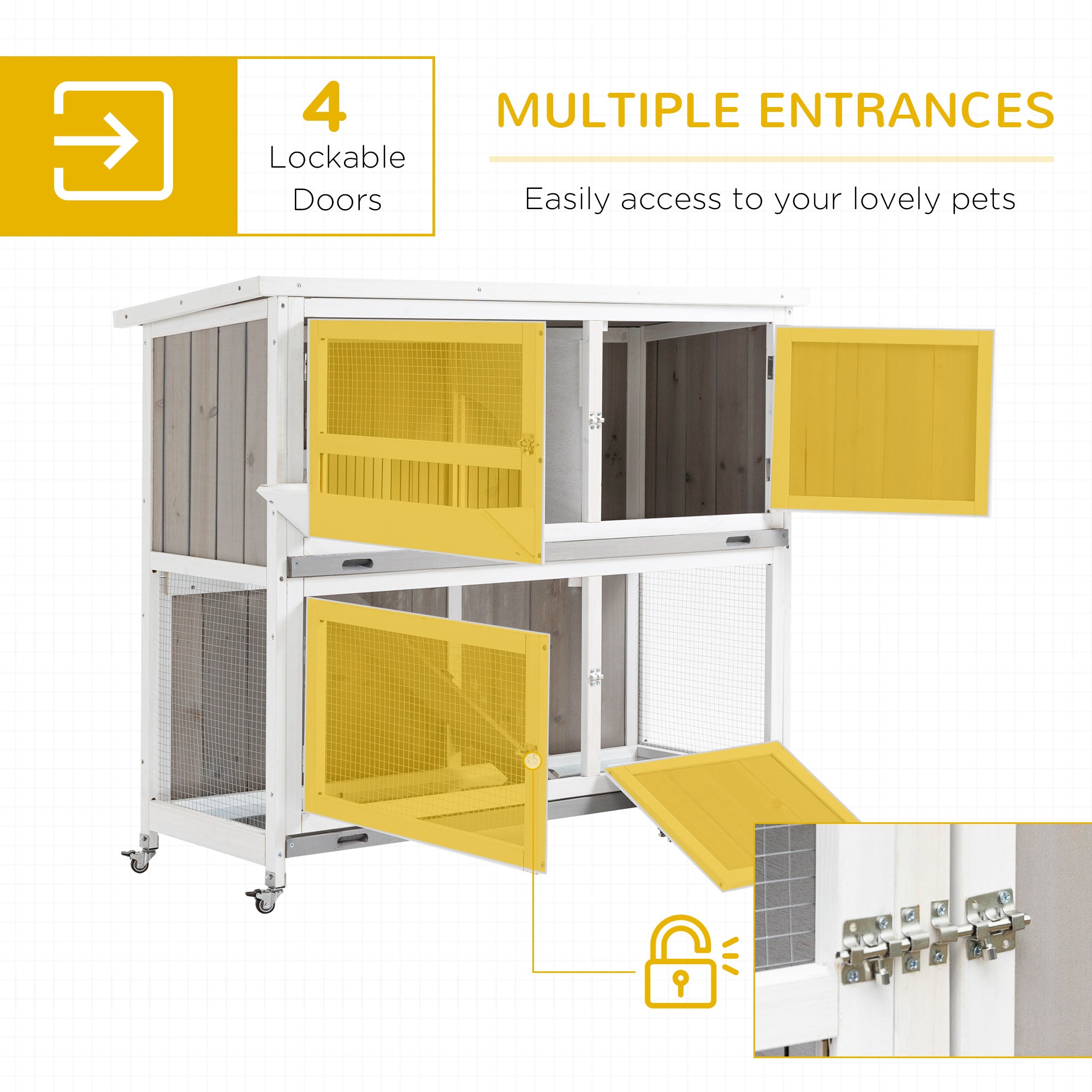 PawHut Rabbit Hutch Outdoor Guinea Pig Hutch Wooden Bunny House with Rain Cover Wheels for Indoor Outdoor, 122 x50 x100cm - Grey - North Peak Garden Furniture