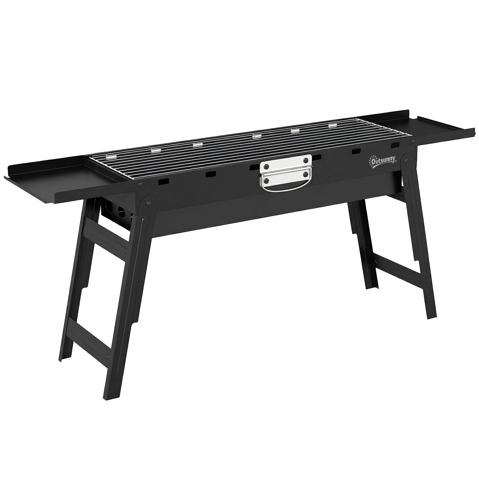 Outsunny Portable BBQ Grill, Foldable Charcoal Grill for Camping and Picnics with 2 Side Shelves and Handle, Black