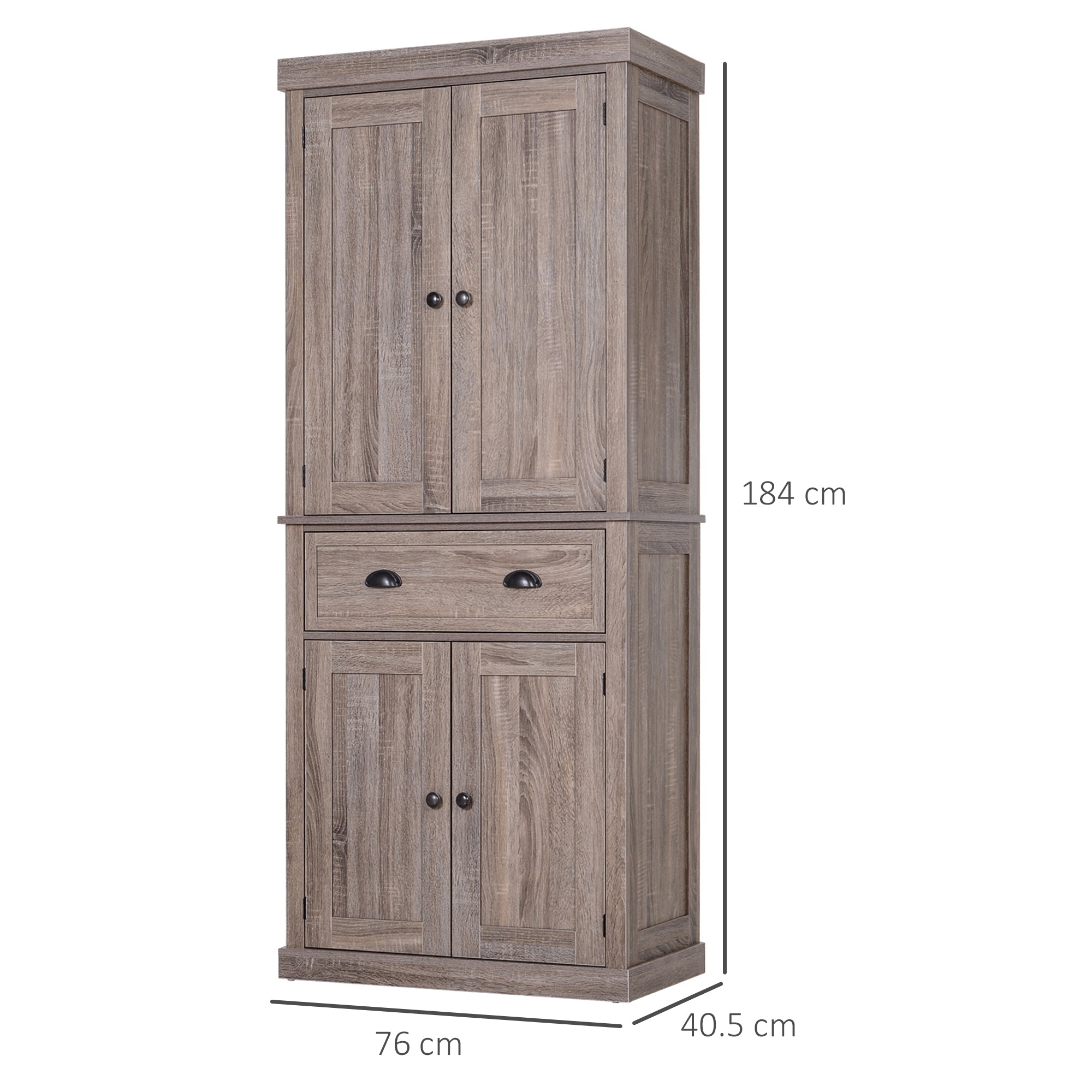 HOMCOM Freestanding Kitchen Cupboard, 184cm Tall Storage Cabinet with Doors and Shelves, Traditional Colonial 4-Door Kitchen Pantry Cupboard with Drawer, Dark Wood Grain - North Peak Garden Furniture