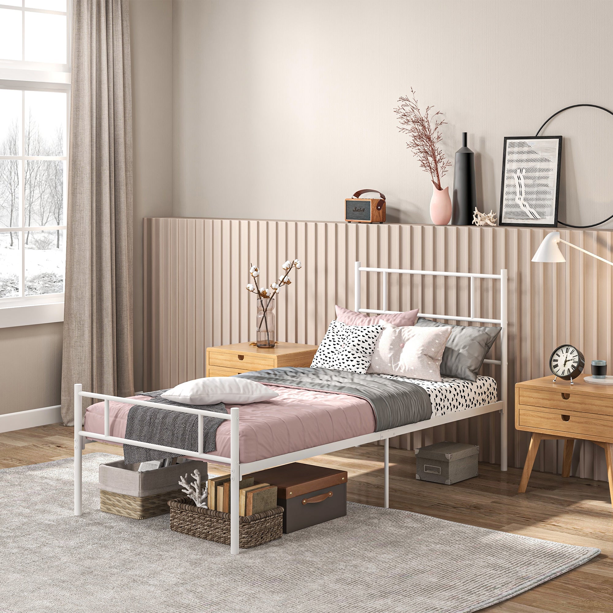 HOMCOM Single Bed Frame, Metal Bed Base with Headboard and Footboard, Metal Slat Support and 31cm Underbed Storage Space - North Peak Garden Furniture