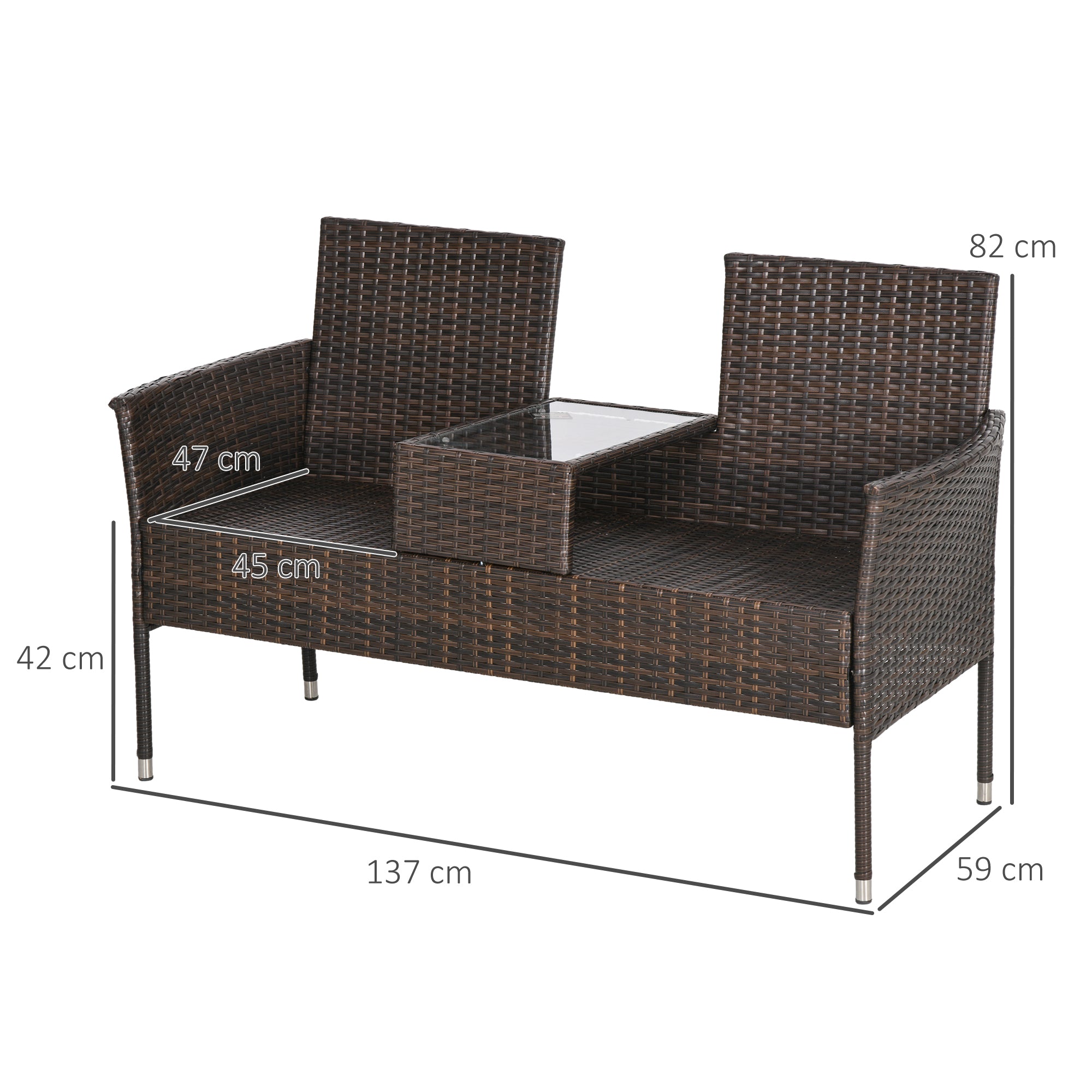 Outsunny Two-Seat Rattan Chair, with Middle Table - Brown - North Peak Garden Furniture