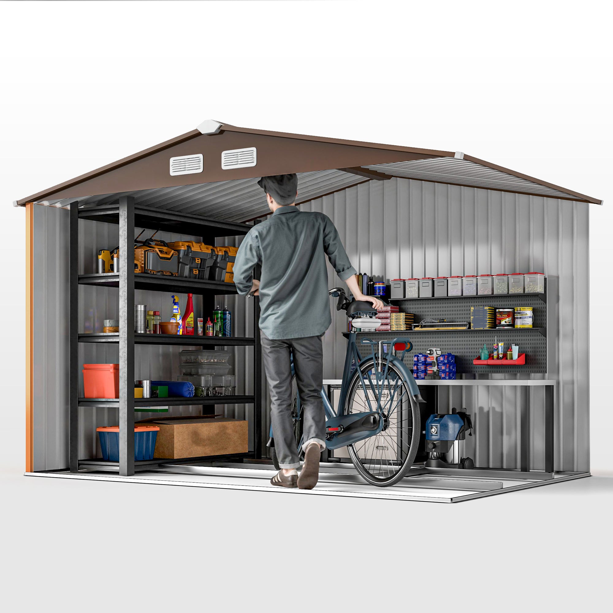 Outsunny 9 x 6ft Metal Garden Shed, Outdoor Storage Tool House with Ventilation Slots, Foundation Kit and Lockable Double Doors, Yellow - North Peak Garden Furniture