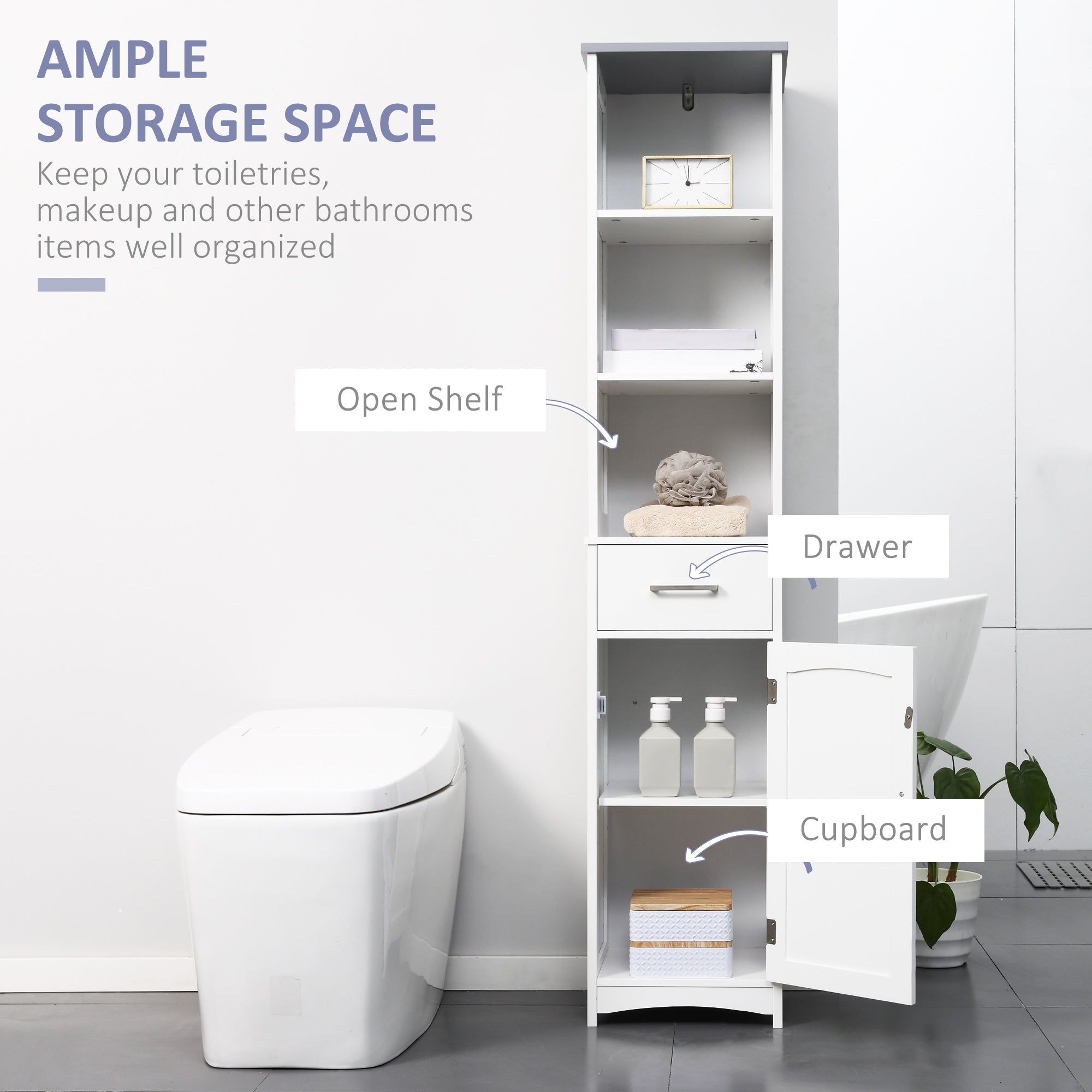 kleankin Tall Bathroom Storage Cabinet with 3 Tier Shelf, Cupboard, Drawer, Door, Freestanding Linen Tower, Slim Side Organizer, White - North Peak Garden Furniture