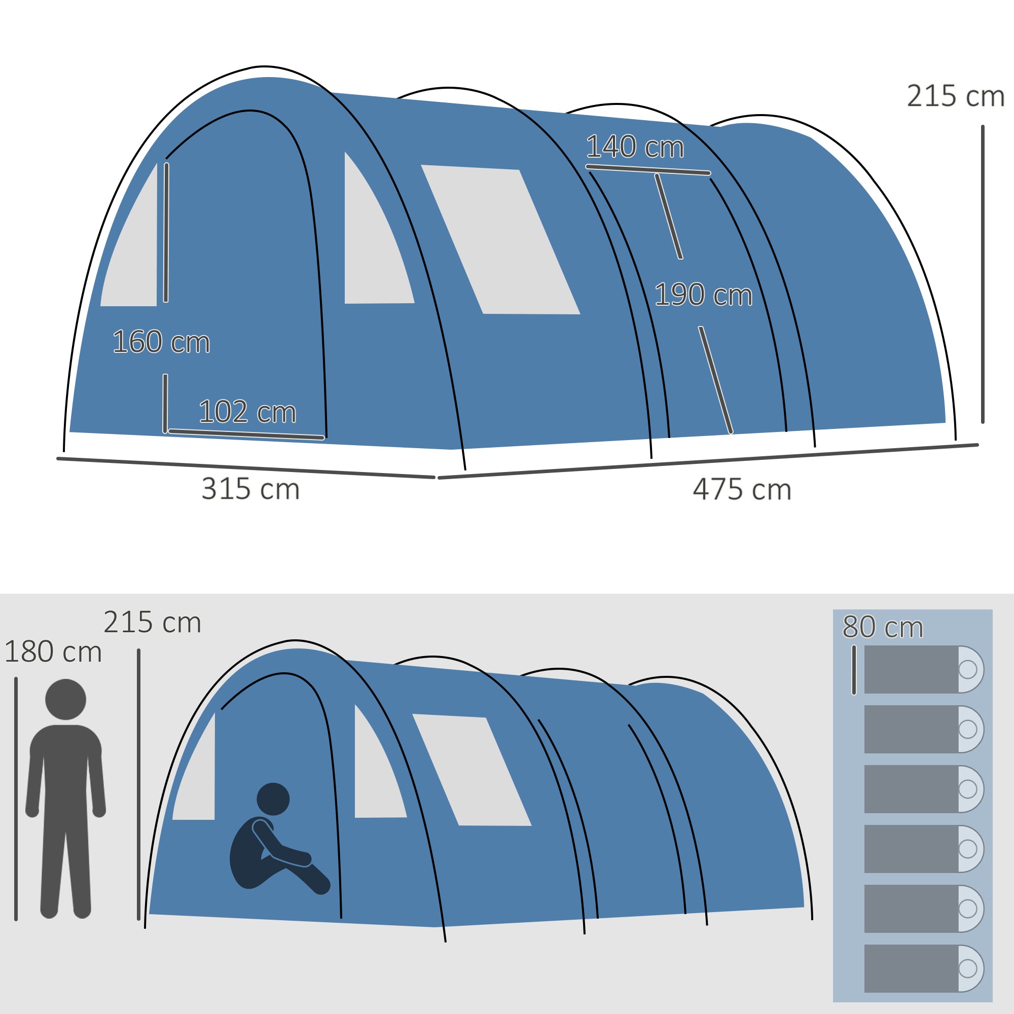 Outsunny 5-6 Man Tunnel Tent, Two Room Camping Tent with Floor, 2 Doors and Carry Bag, 2000mm Water Column for Fishing, Hiking, Sports, Festival - North Peak Garden Furniture