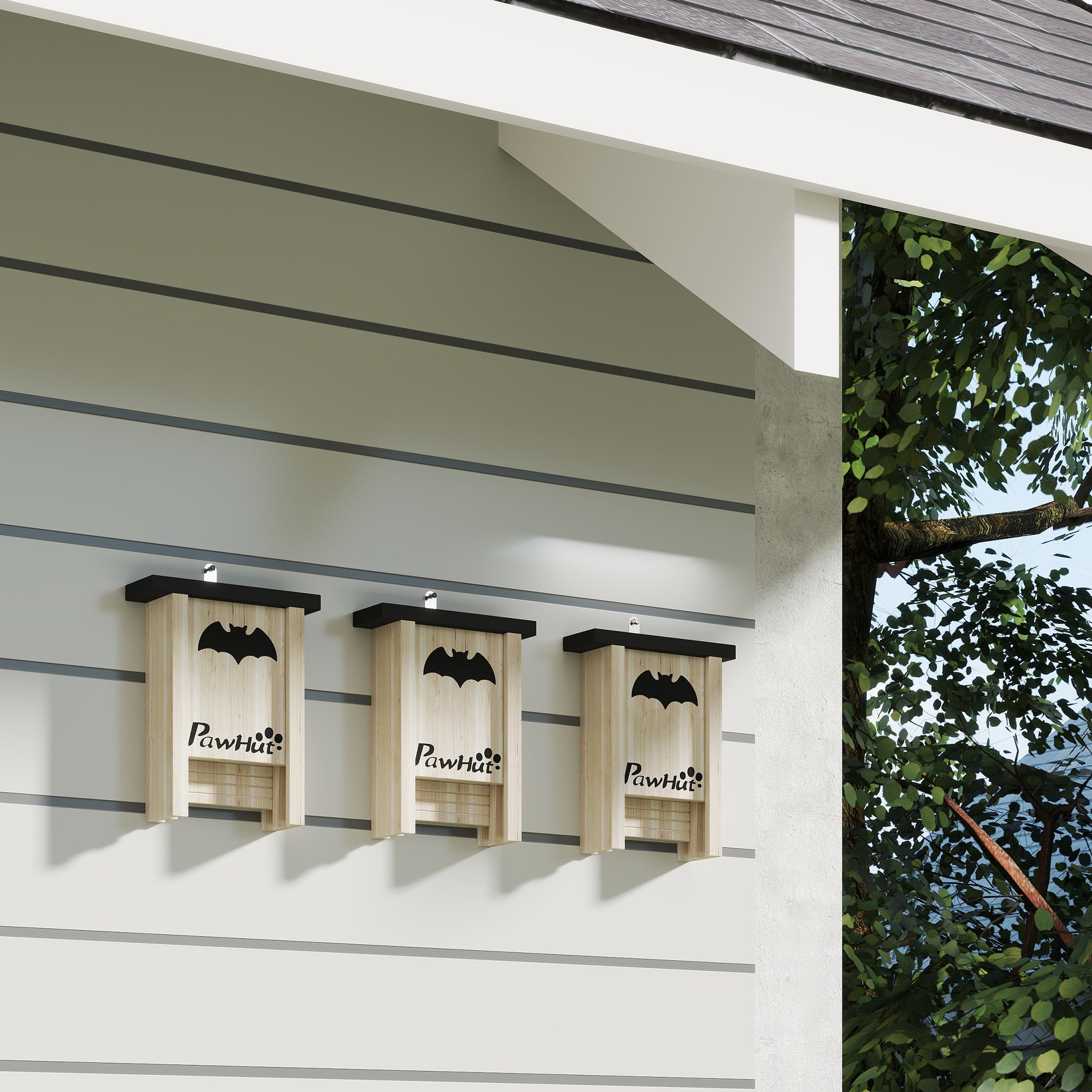 PawHut 3PCs Wooden Bat Boxes, Bat Houses Designed to Attract Bats & Easy to Hang for Outdoor, Garden, Farm, 18 x 6 x 22.5 cm