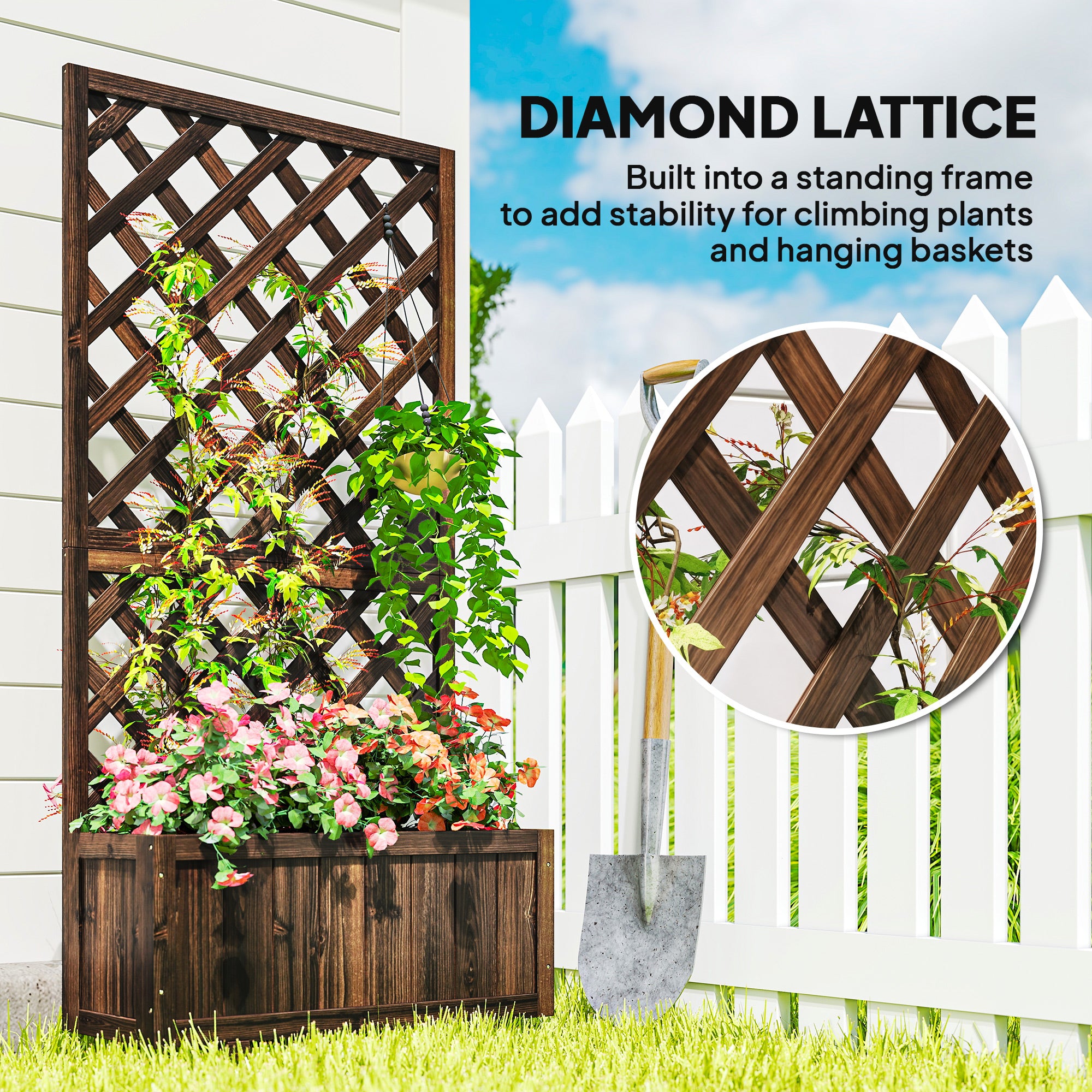 Outsunny 72.5 x 31.5 x 149.5 cm 45L Garden Wooden Pine Trough Planter with Topped Trellis Climbing Plants Flower Raised Bed, Carbonised Finish