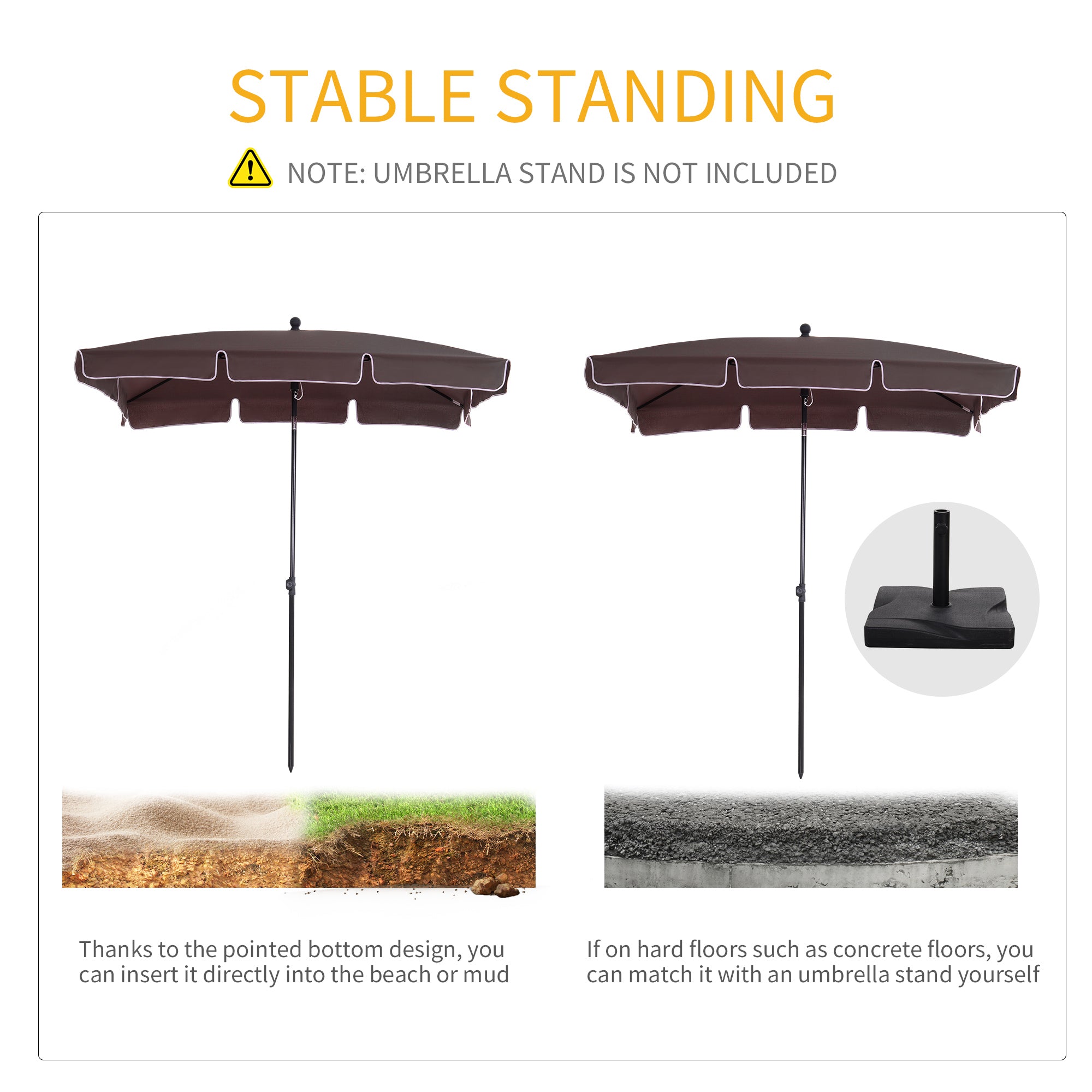Outsunny Garden Parasol Umbrella, Outdoor Market Table Umbrella with Ruffles & Aluminium Pole, Rectangular Tilting Parasol Sun Shade Canopy, 2 x 1.3m, Brown - North Peak Garden Furniture
