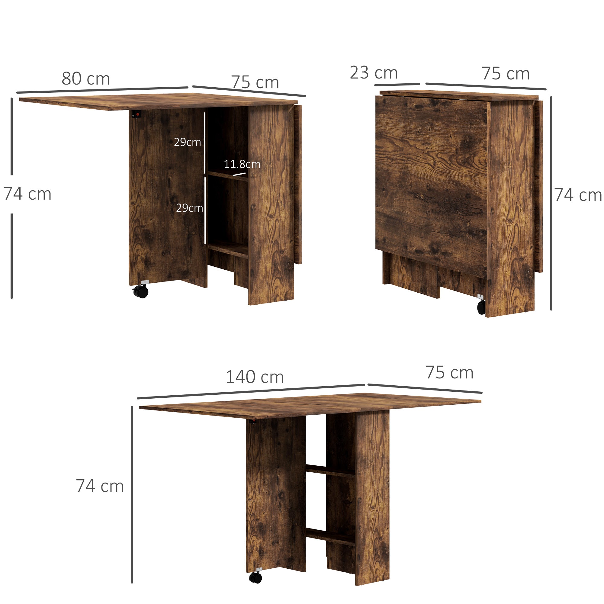 HOMCOM 80-140 cm Folding Dining Table for 4-6 People, Drop Leaf Table with 2-Tier Shelves, Rolling Casters, Rustic Brown