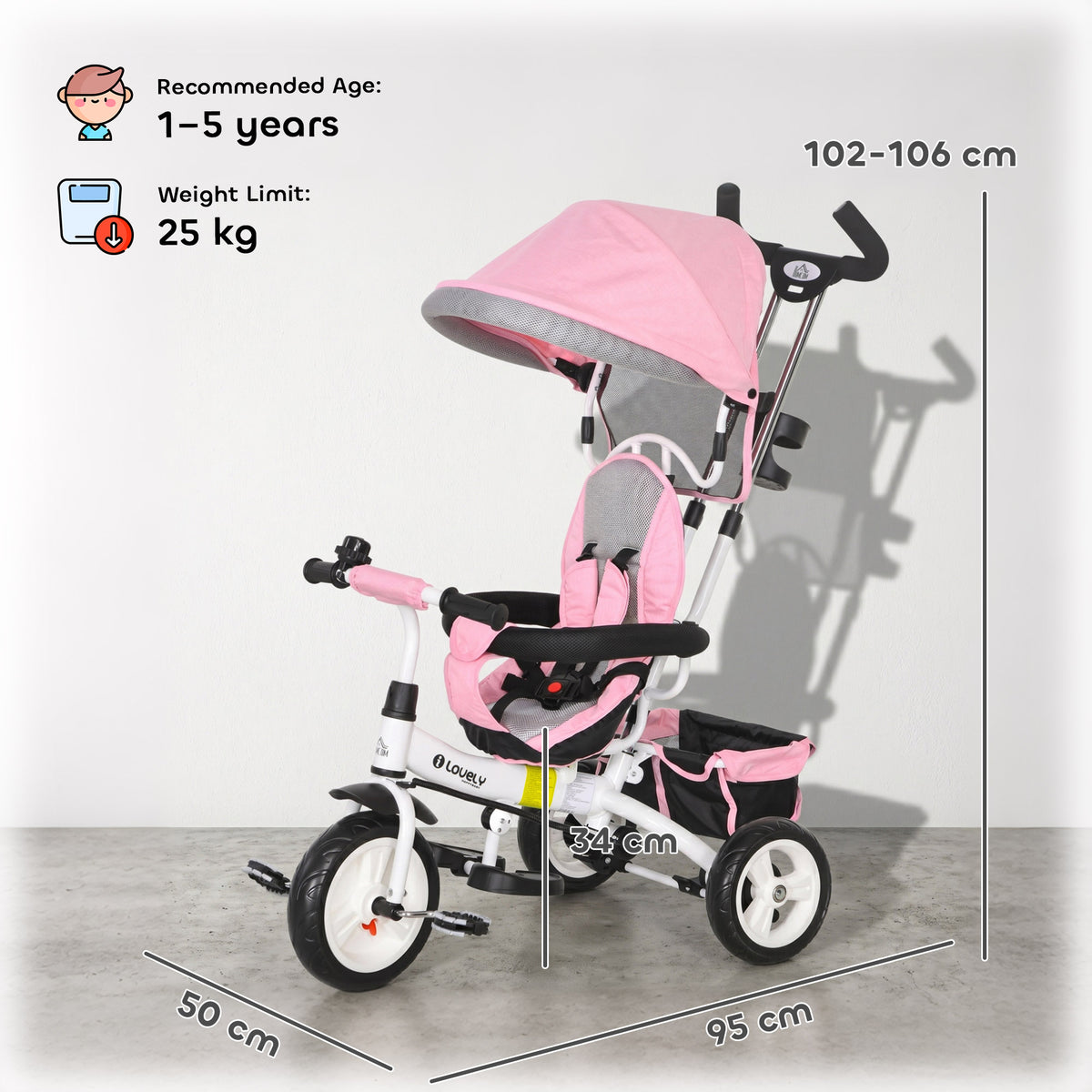 HOMCOM 6 in 1 Kids Trike Push Bike w/ Push Handle, Canopy, 5-point Seat Belt, Storage, Footrest, Brake, for 1-5 Years, Pink