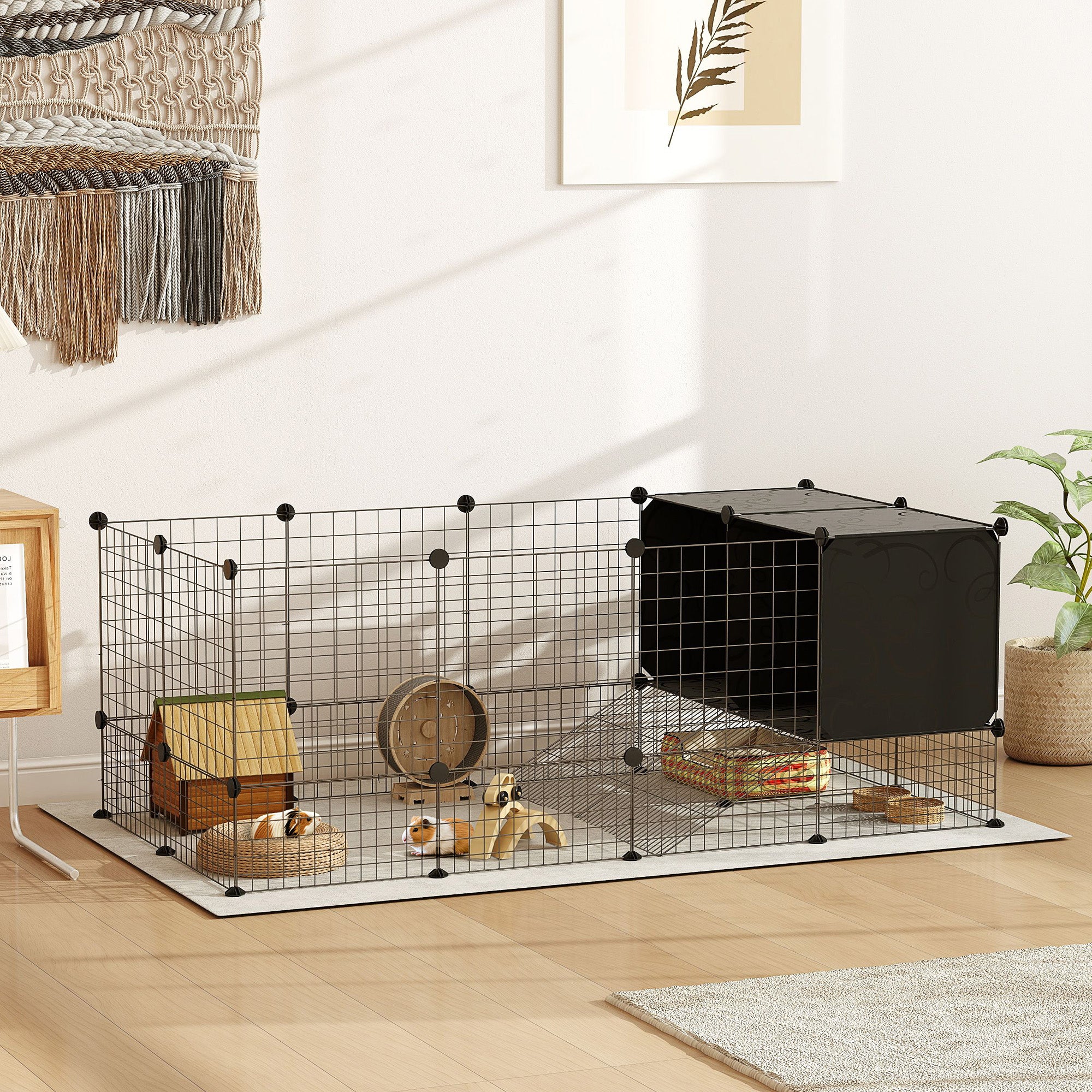 PawHut DIY Small Animal Cage with Elevated Huts, C&C Cage for Guinea Pigs, Hedgehogs, Rabbits, 31 Panels, Black - North Peak Garden Furniture