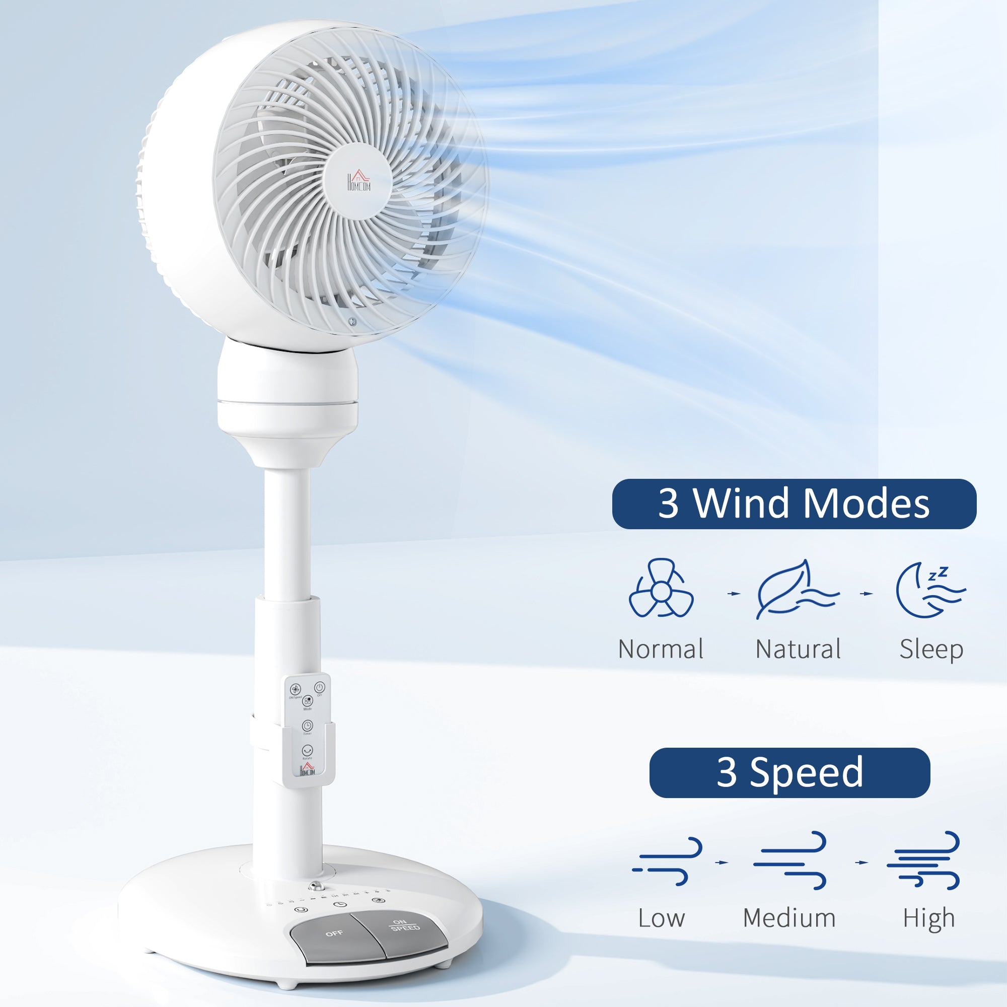 HOMCOM 9'' Air Circulator Fan 3 Speed 3 Mode, 70° Oscillation 90° Vertical Tilt, Remote Controller, for Living Room, Bedroom, Office, White