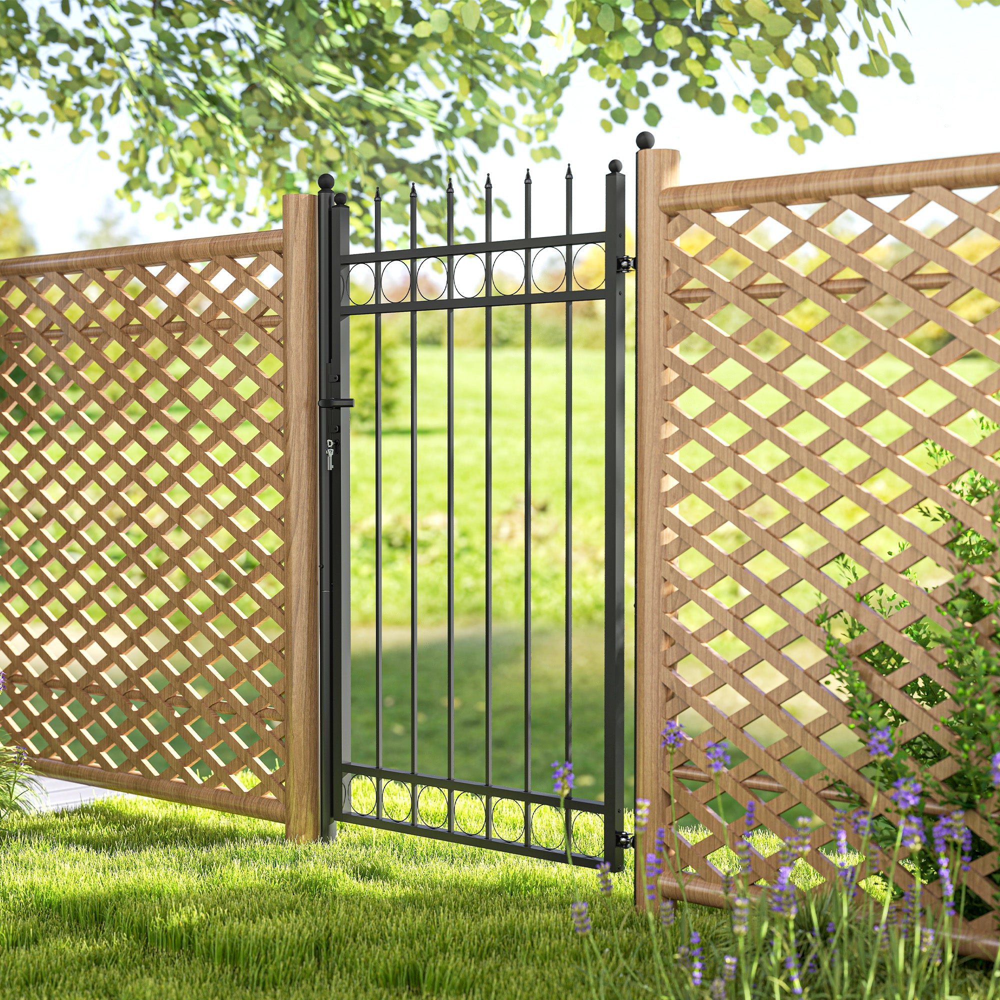 Outsunny Galvanised Steel Garden Gate, Outdoor Fence Gate Security Barrier with Lock, Keys and Handle, Outdoor Entrance Way Door with Classic Finials, 105 x 204 cm, Black - North Peak Garden Furniture