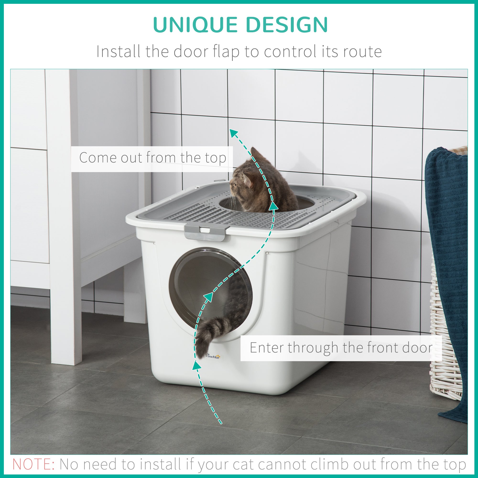 PawHut Enclosed Cat Litter Box, Easy Clean Pet Toilet, Front Entry & Top Exit, Includes Scoop, Sleek White | Aosom UK