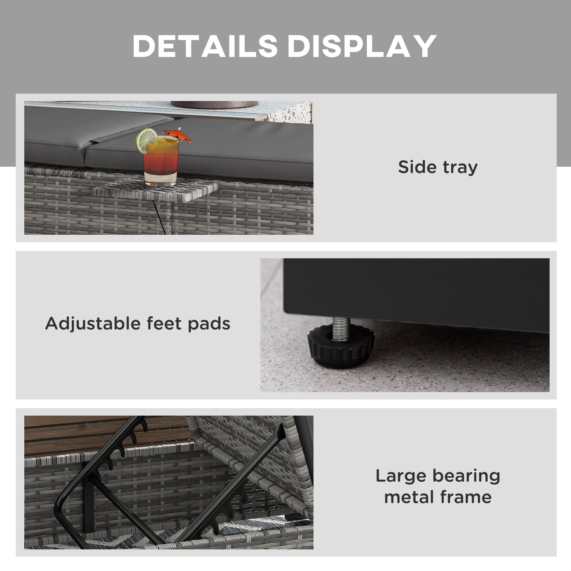 Outsunny Outdoor Patio PE Rattan Lounger with Cushion, 5-Level Reclining Wicker Rattan Sun Lounger with Tea Tray, for Poolside, Patio, Deck, 120kg Weight Capacity, Grey