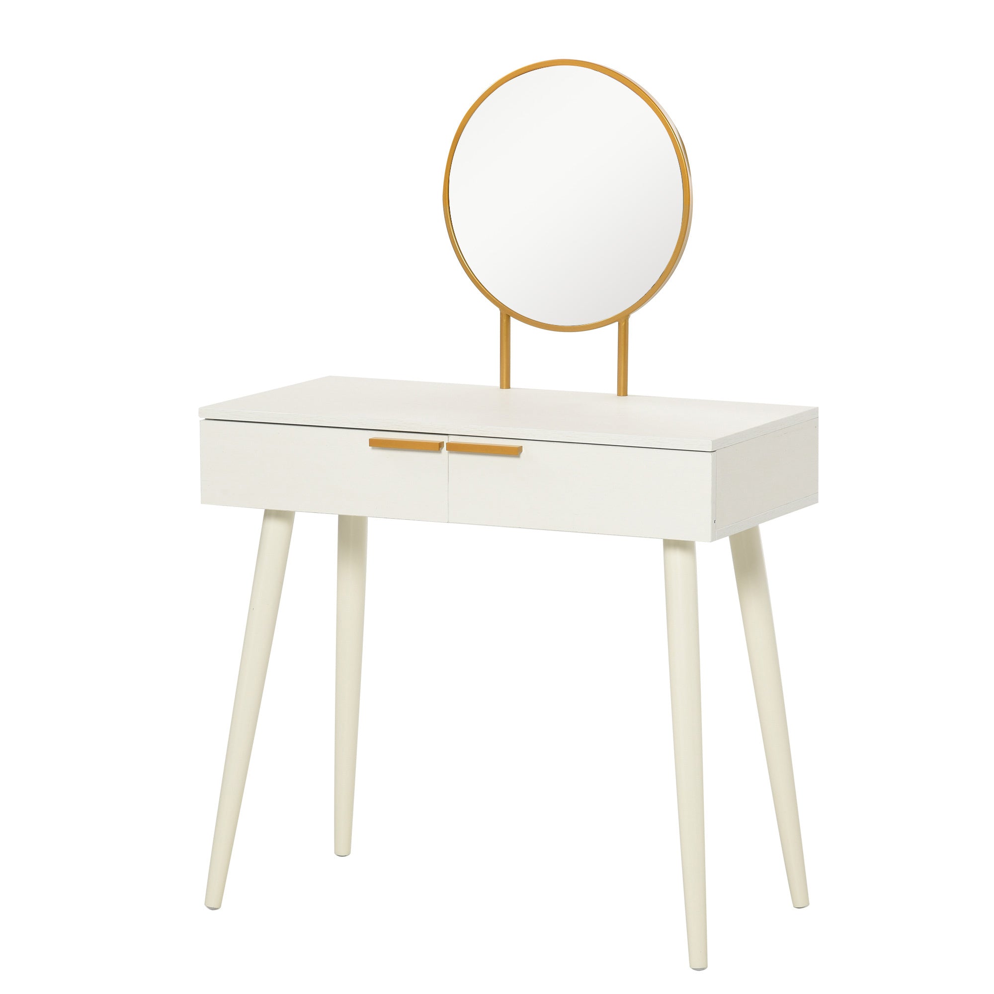 HOMCOM Modern Dressing Table with Round Mirror, Makeup Vanity Table with 2 Drawers for Bedroom, Living Room, White - North Peak Garden Furniture