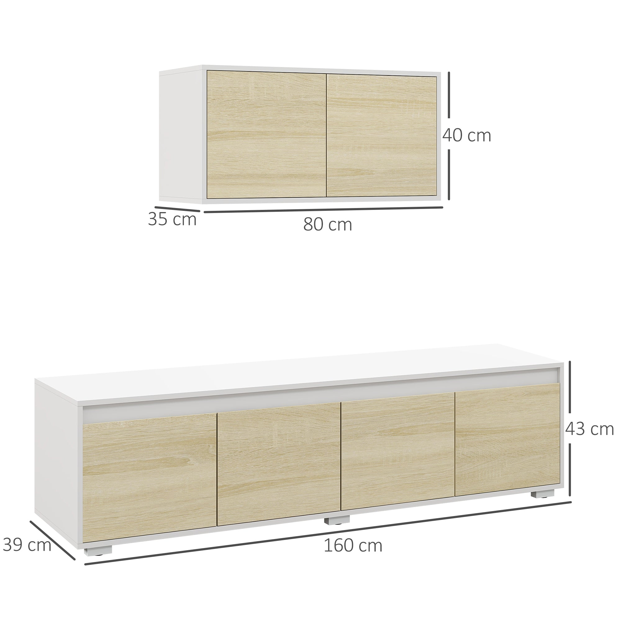 HOMCOM 2 Pieces TV Unit Set with Wall Cabinet, Freestanding Unit for 70-inch TVs, Wall Mounted Storage Cupboard, with Adjustable shelves