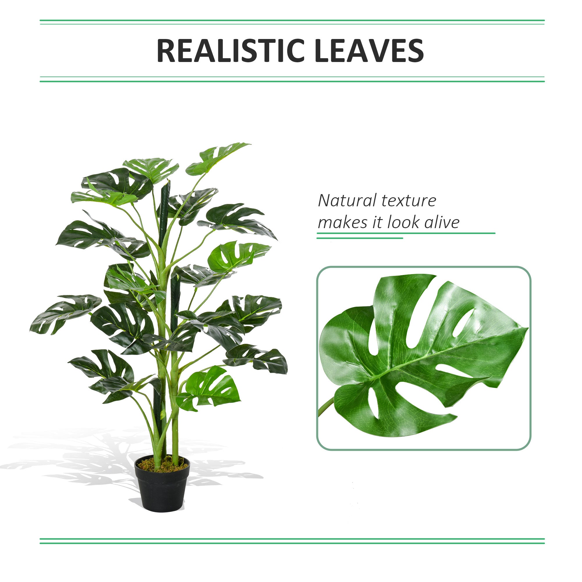 Outsunny 100cm/3.3FT Artificial Monstera Tree Decorative Cheese Plant 21 Leaves with Nursery Pot, Fake Tropical Palm Tree for Indoor Outdoor Décor - North Peak Garden Furniture