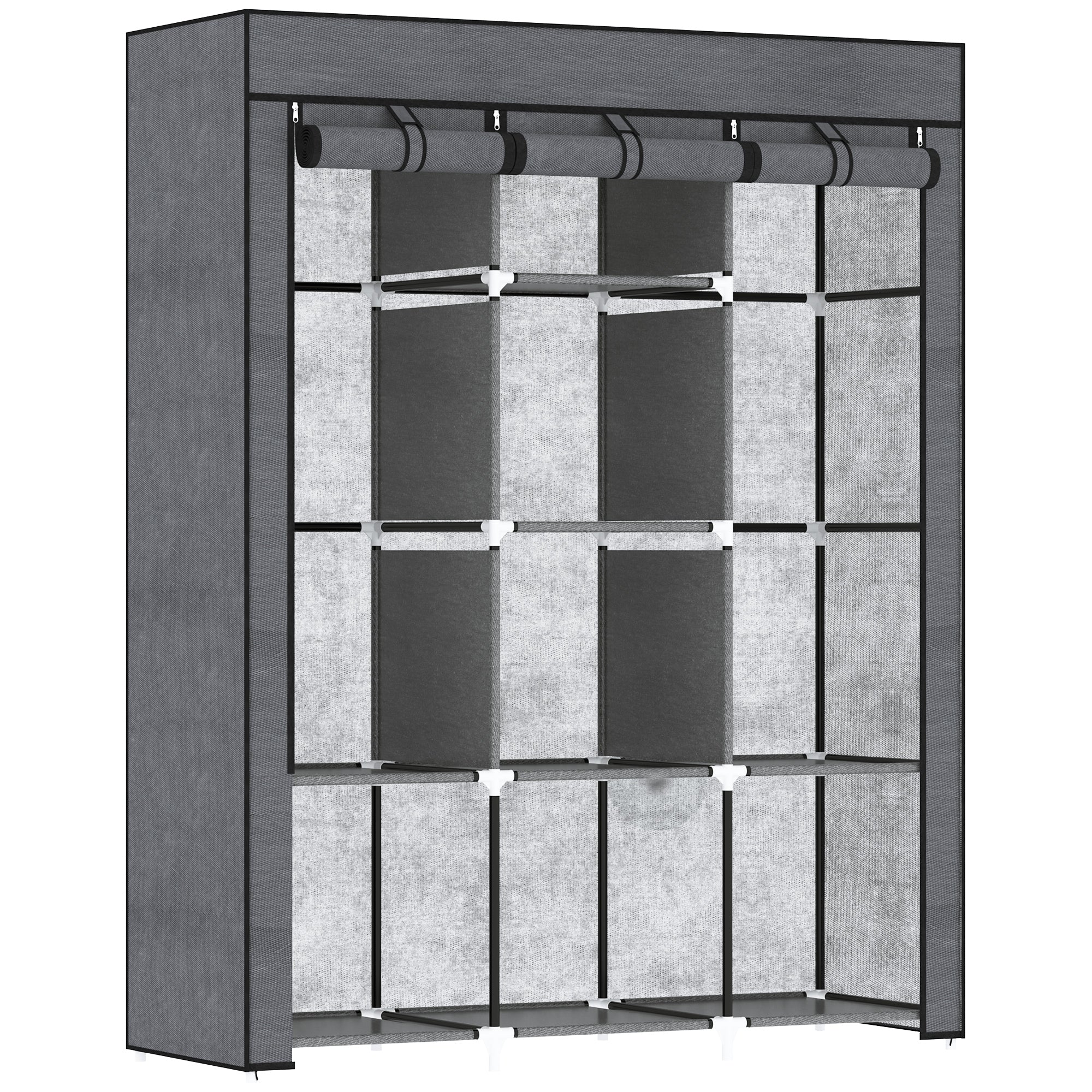 HOMCOM Fabric Wardrobe, Portable Wardrobe, Clothes Storage Unit with 8 Shelves, 2 Hanging Rods, 125 x 43 x 162.5 cm, Dark Grey - North Peak Garden Furniture