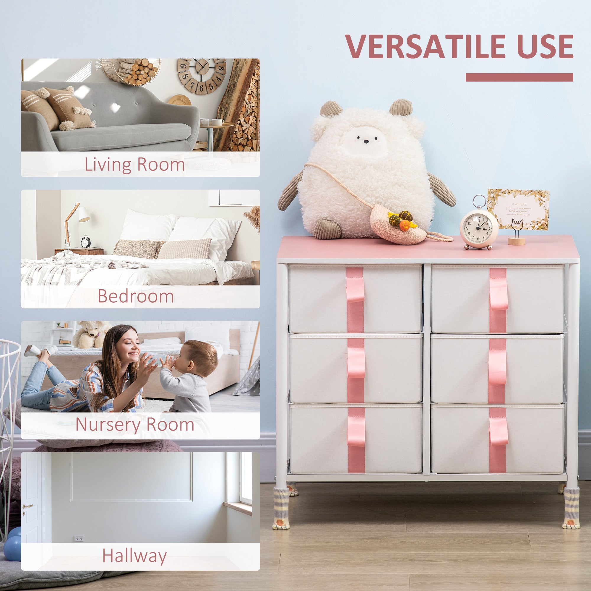HOMCOM Chest of Drawers, Cloth Organizer Unit with 6 Fabric Drawers, Metal Frame and Wooden Top, Storage Cabinet for Kids Room, Living Room, Closet, Hallway, Pink - North Peak Garden Furniture