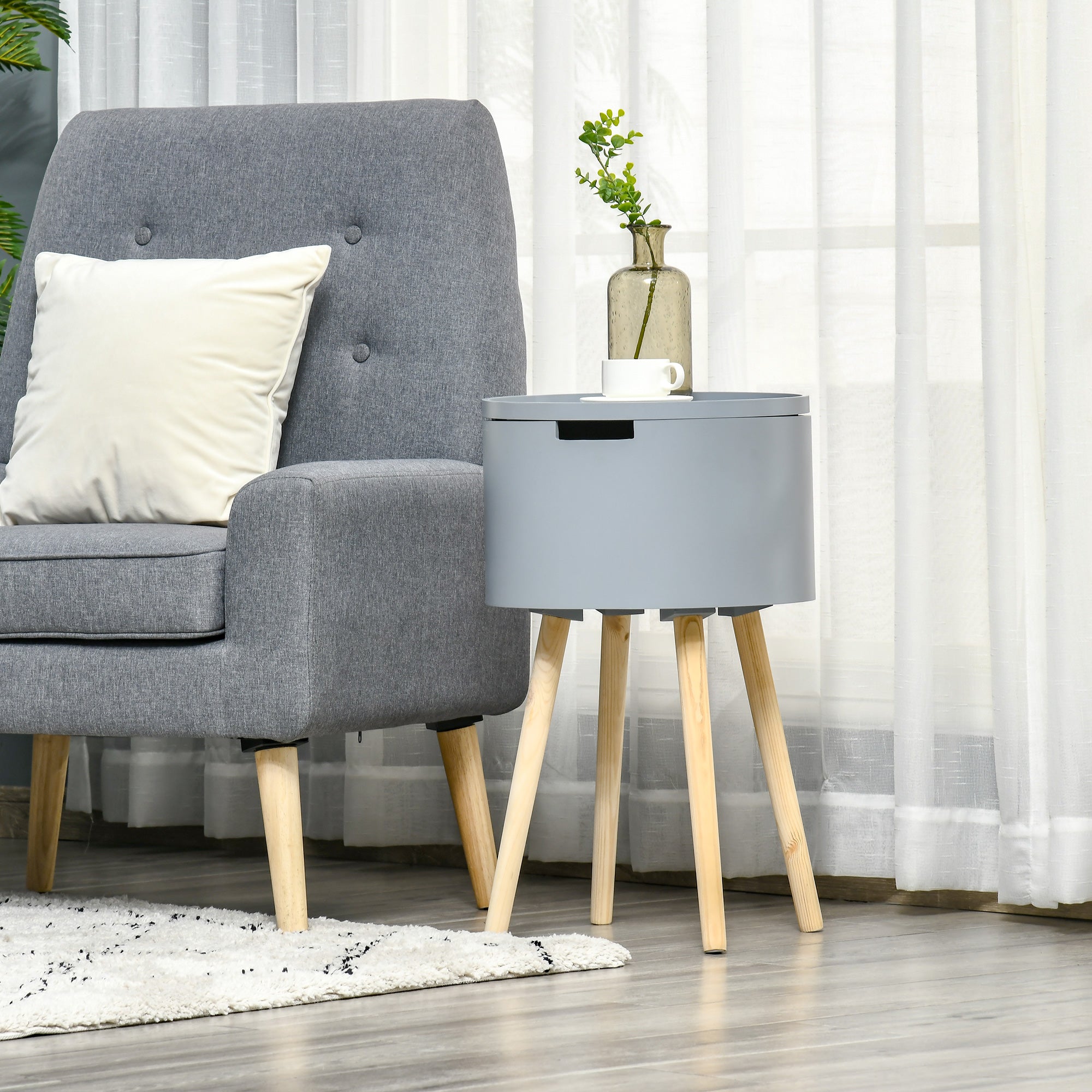 HOMCOM Modern Side Table with Hidden Storage Space, Round Night Stand with Removable Tray Wood Frame End Coffee Table for Living Room, Grey - North Peak Garden Furniture