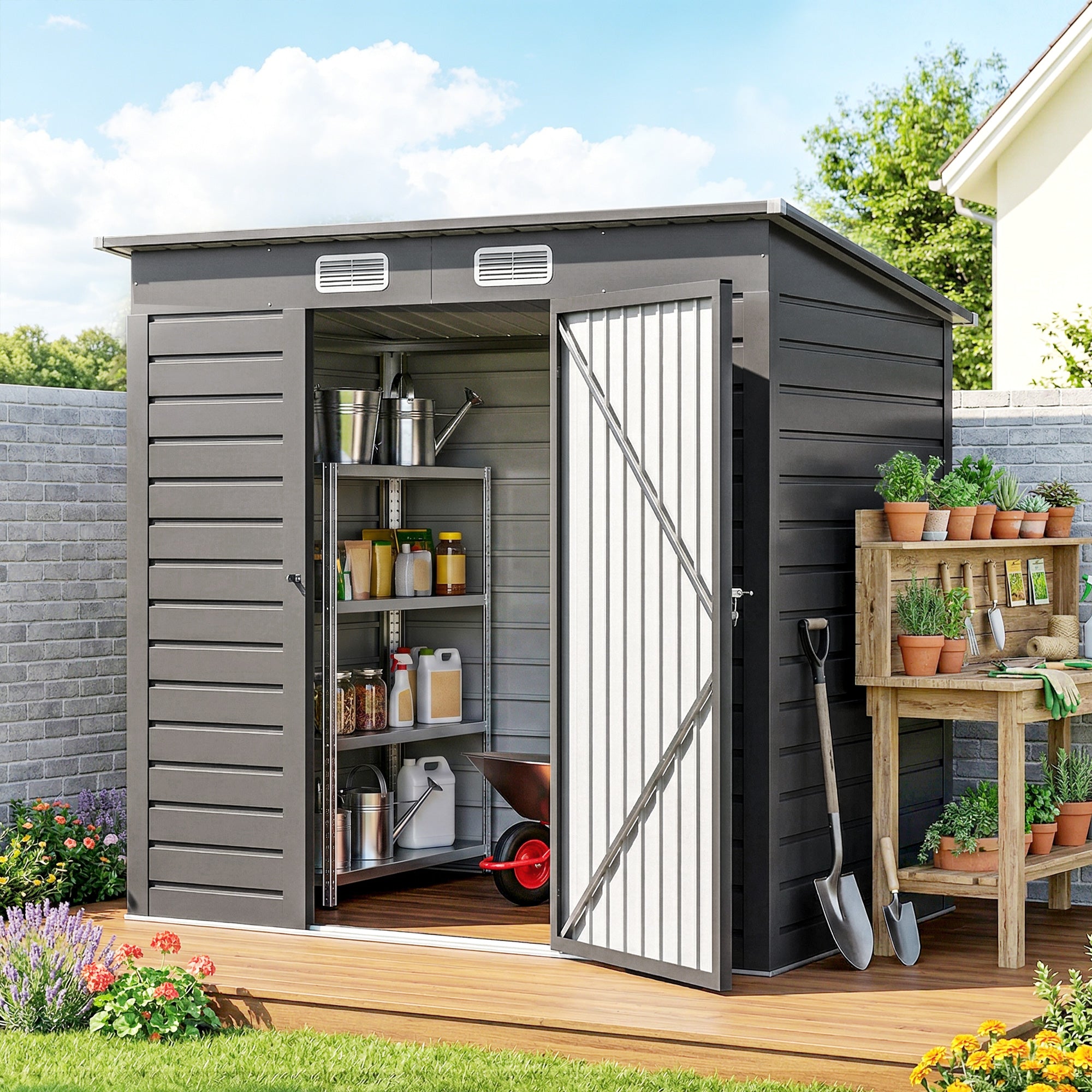 Outsunny 6.3 x 4.3FT Garden Shed. Galvanised Metal Shed, Outdoor Tool Storage Shed with Pent Roof, Lockable Door and 2 Vents, Grey
