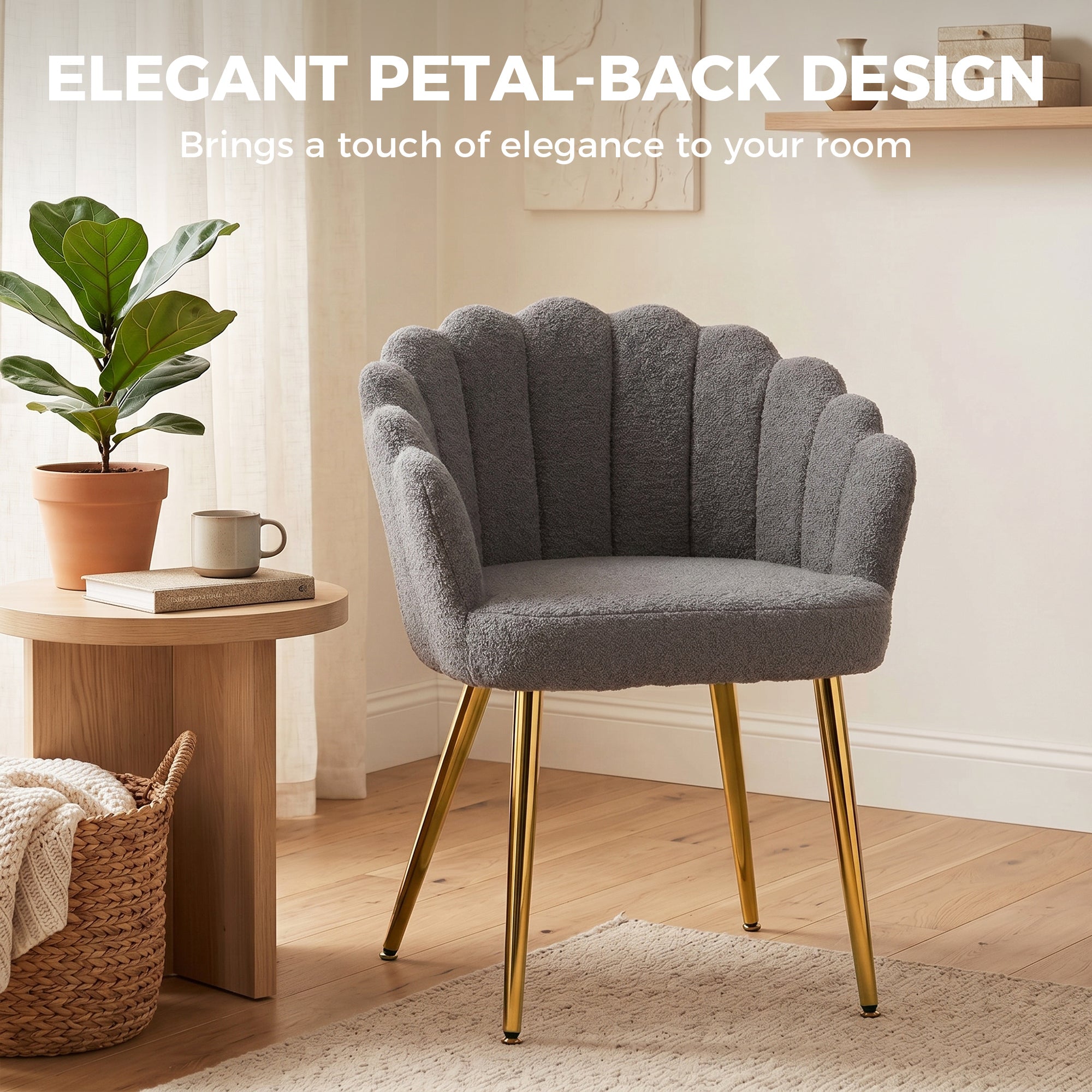 HOMCOM Lounge Chair Petal-Back Armchair Metal Metal Legs for Living Room Bedroom, Grey
