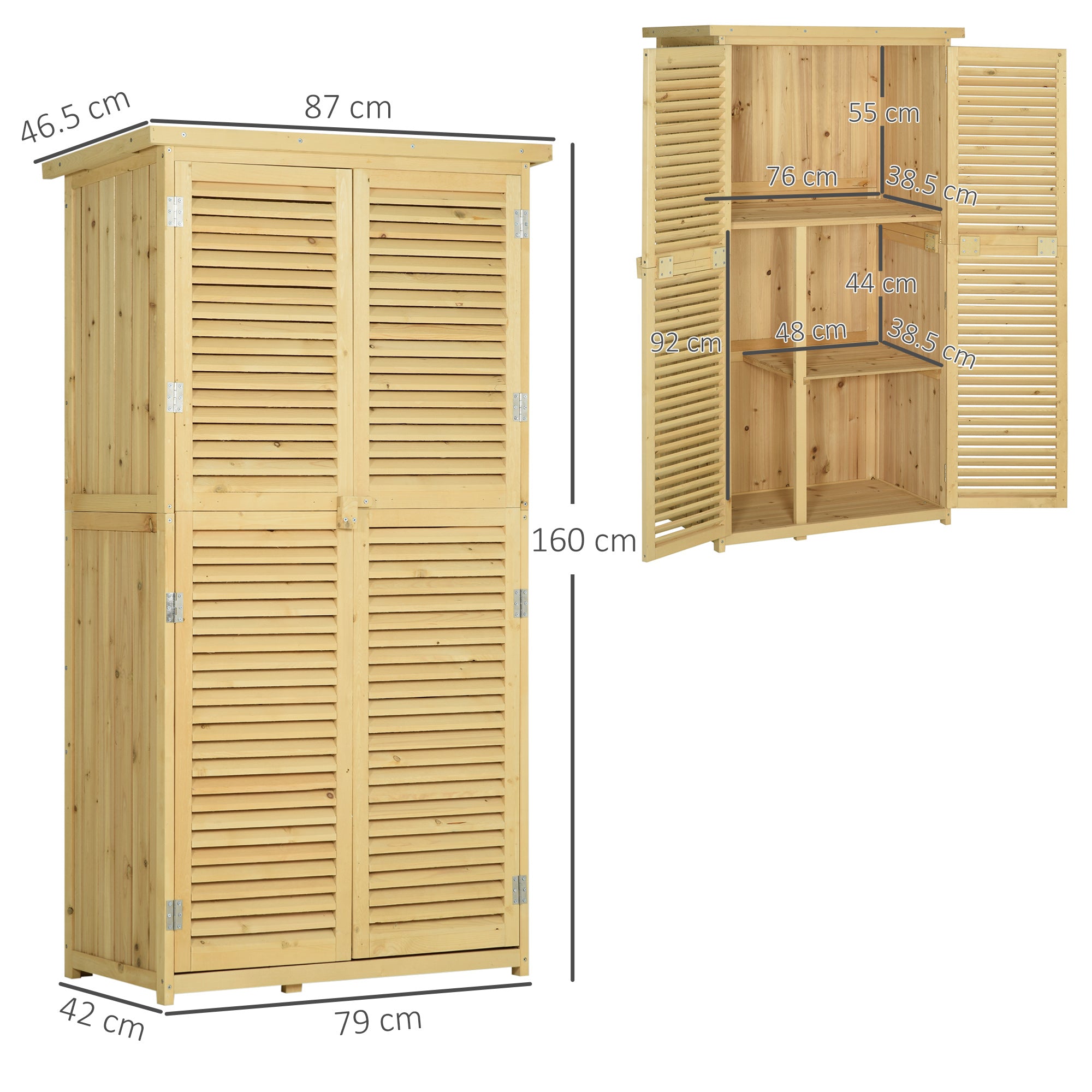Outsunny 87 x 47 x 160cm Wooden Garden Shed, Sheds & Outdoor Storage with Asphalt Roof and 2 Lockable Doors, Natural - North Peak Garden Furniture