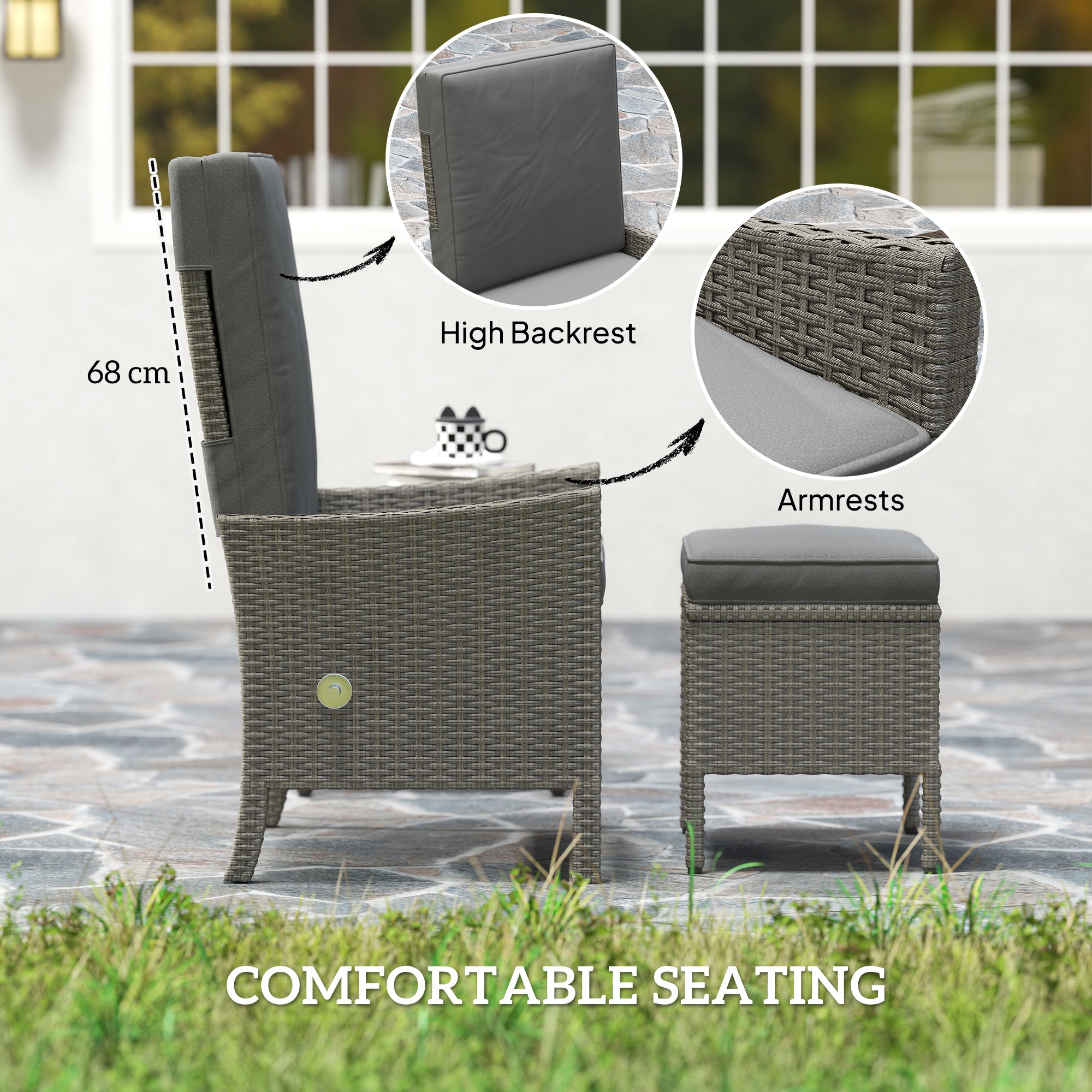 Outsunny 5 Piece Rattan Garden Furniture Set, Wicker Patio Sofa Set with 2 Armchairs, 2 Footstools, Glass Top Coffee Table with Shelf, Outdoor Furniture with Adjustable Backrests, Cushions, Dark Grey - North Peak Garden Furniture