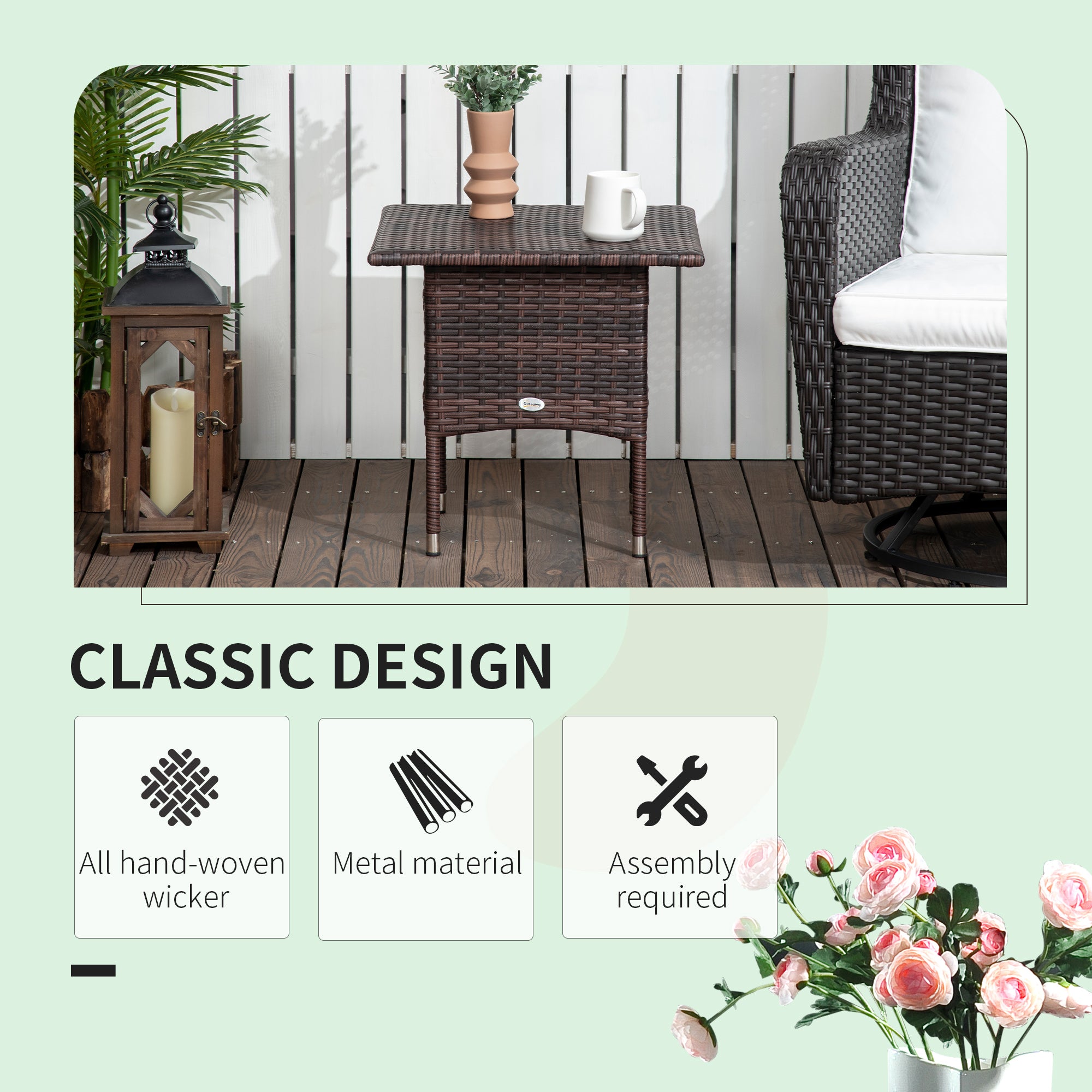Outsunny Outdoor Rattan Side Table Coffee Table with Plastic Board, Full Woven Table Top for Patio, Garden, Balcony, Mixed Brown - North Peak Garden Furniture