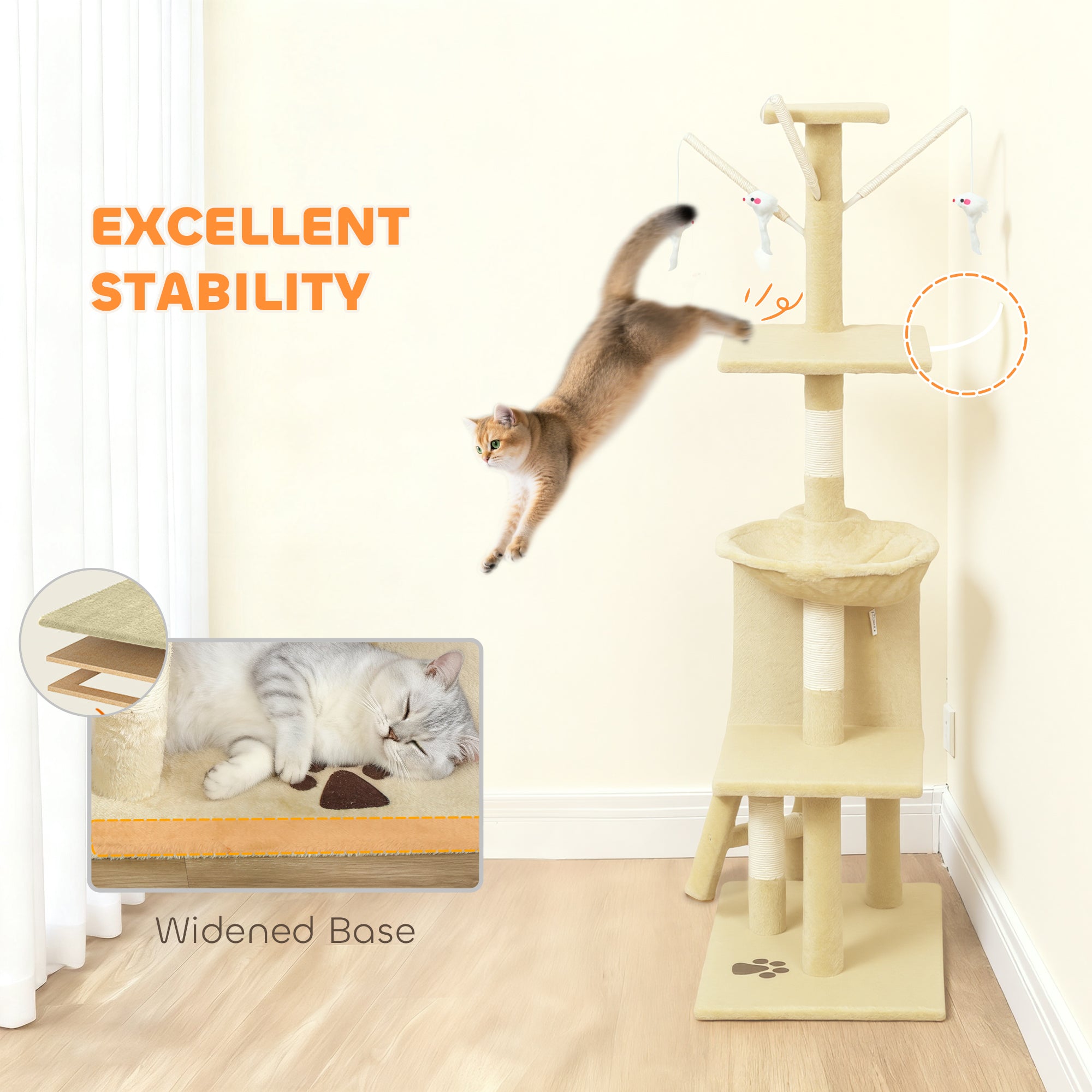 PawHut Multi-Level Cat Tower, 134cm Cat Tree with Condo and Sisal Scratching Posts for Indoor Kittens, Beige