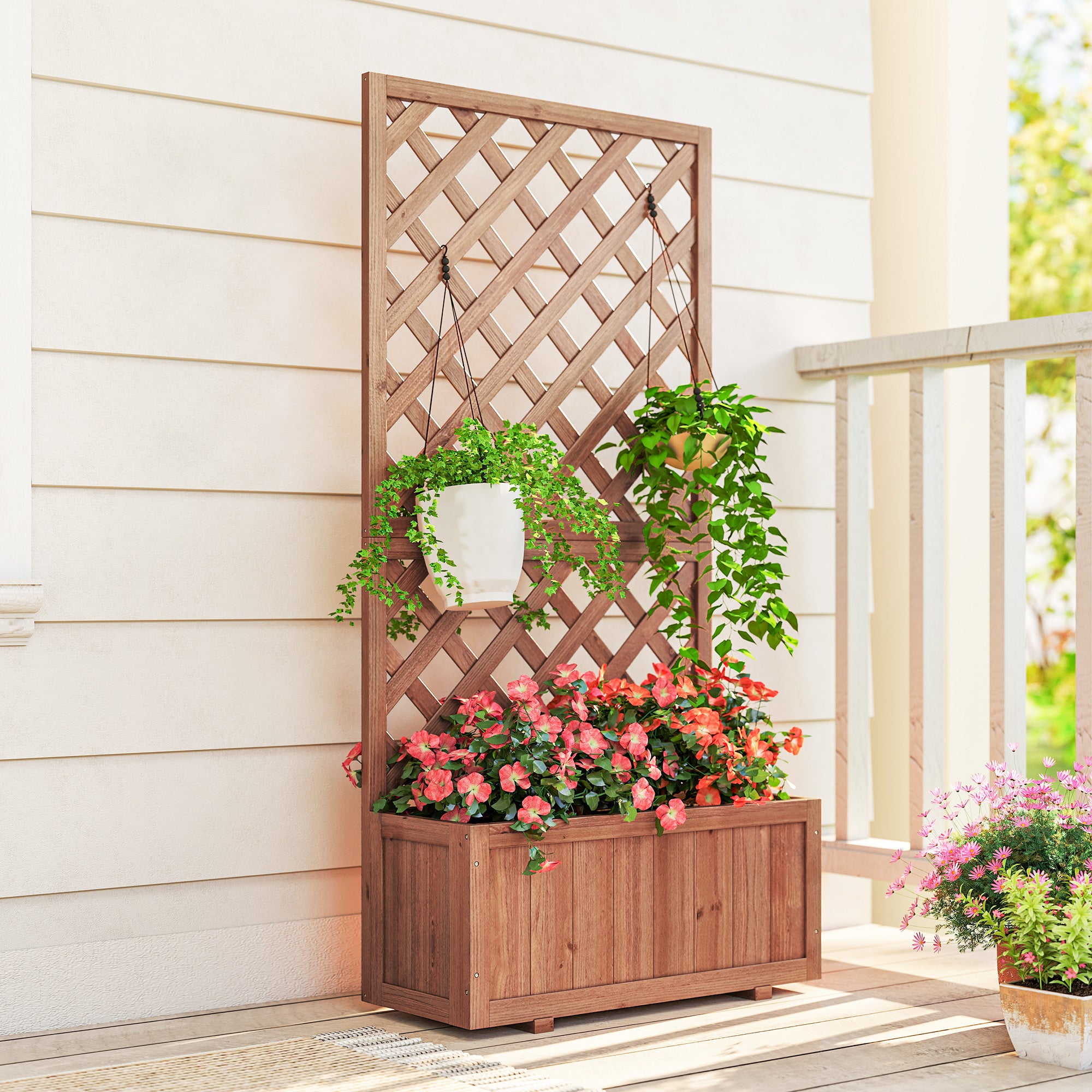 Outsunny 72.5 x 31.5 x 149.5 cm 45L Garden Wooden Pine Trough Planter with Topped Trellis Climbing Plants Flower Raised Bed, Orange