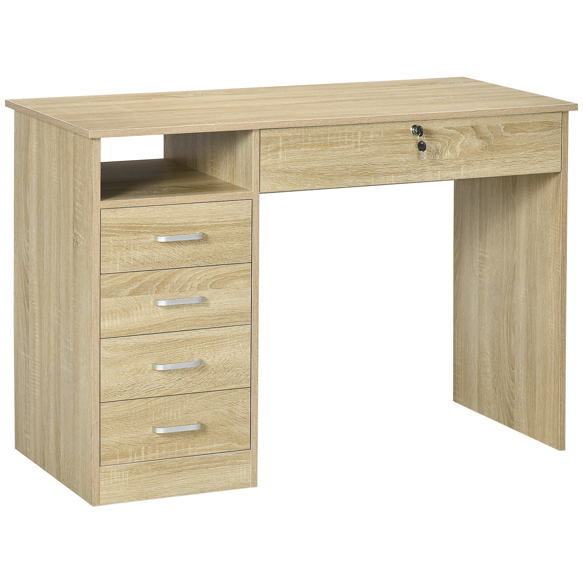 HOMCOM Computer Desk, Home Office Desk with Lockable Drawer, Storage Shelf for Study Bedroom, 110 x 50 x 76 cm, Oak - North Peak Garden Furniture