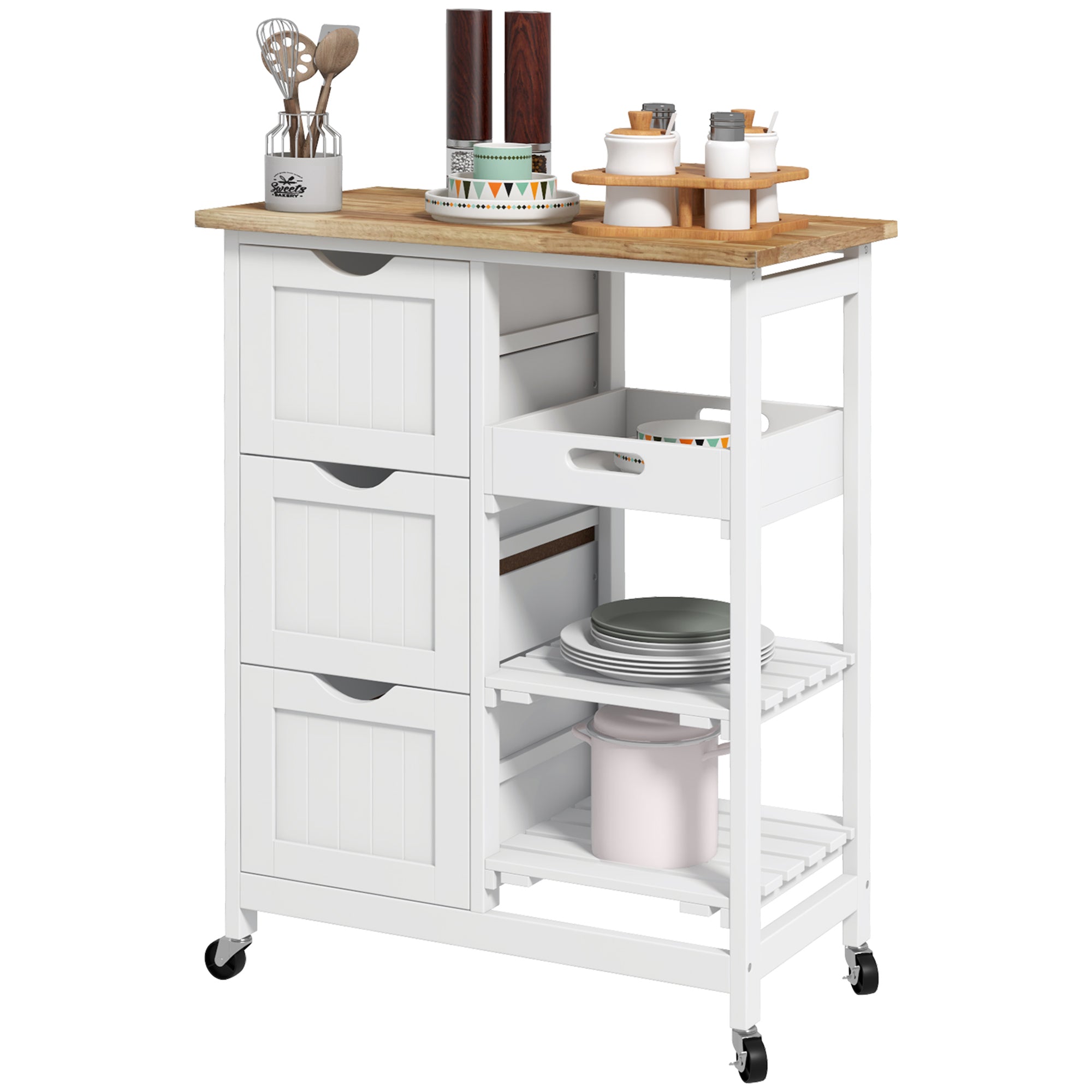 HOMCOM Rolling Kitchen Island Cart, Bar Serving Cart, Compact Trolley on Wheels with Wood Top, Shelves & Drawers for Home Dining Area, White