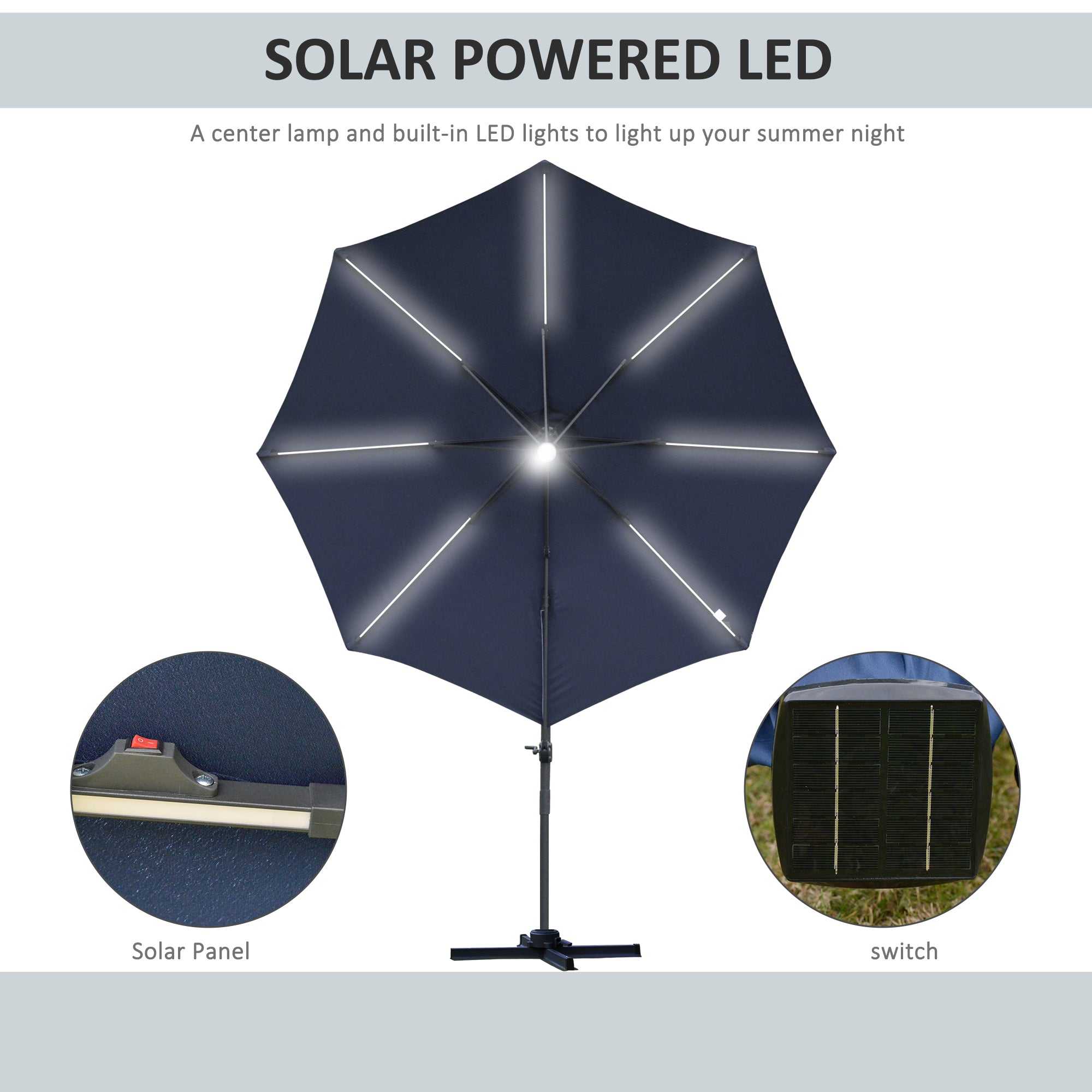 Outsunny 3(m) LED Cantilever Parasol Outdoor Sun Umbrella w/ Base Solar Lights Blue - North Peak Garden Furniture