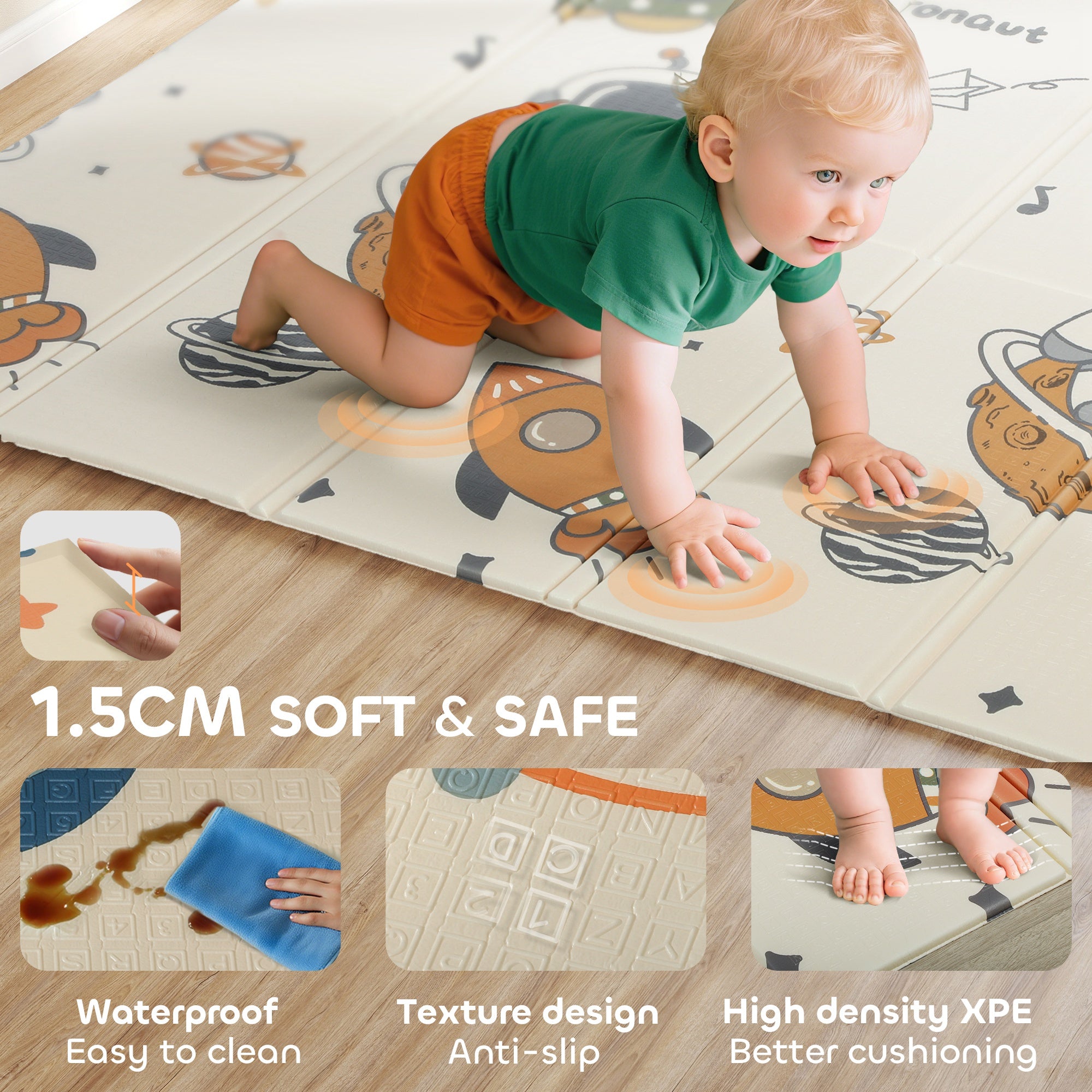 AIYAPLAY Baby Play Mat, Double Sideded Foldable Kids Crawling Mat, Reversible & Waterproof, Astronaut and Planet