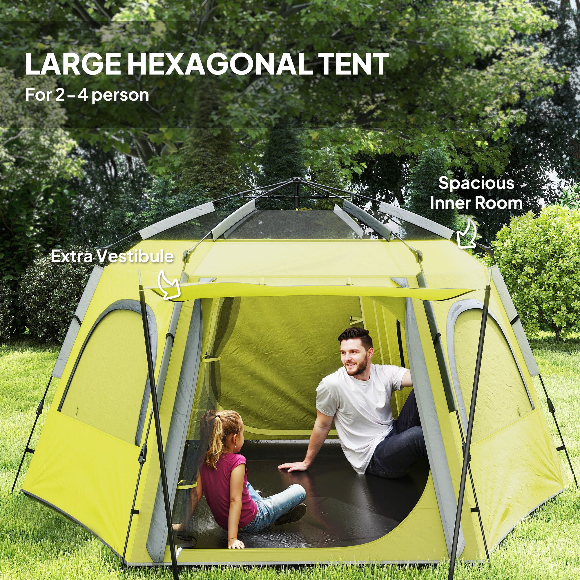 Outsunny Instant Camping Tent, 2/3/4 Person Easy Setup Family Tent with Vestibule, Rainfly, 4 Mesh Windows & 2 Doors, Hexagonal Design, Waterproof UV Protected Dome Tent, Yellow Green - North Peak Garden Furniture