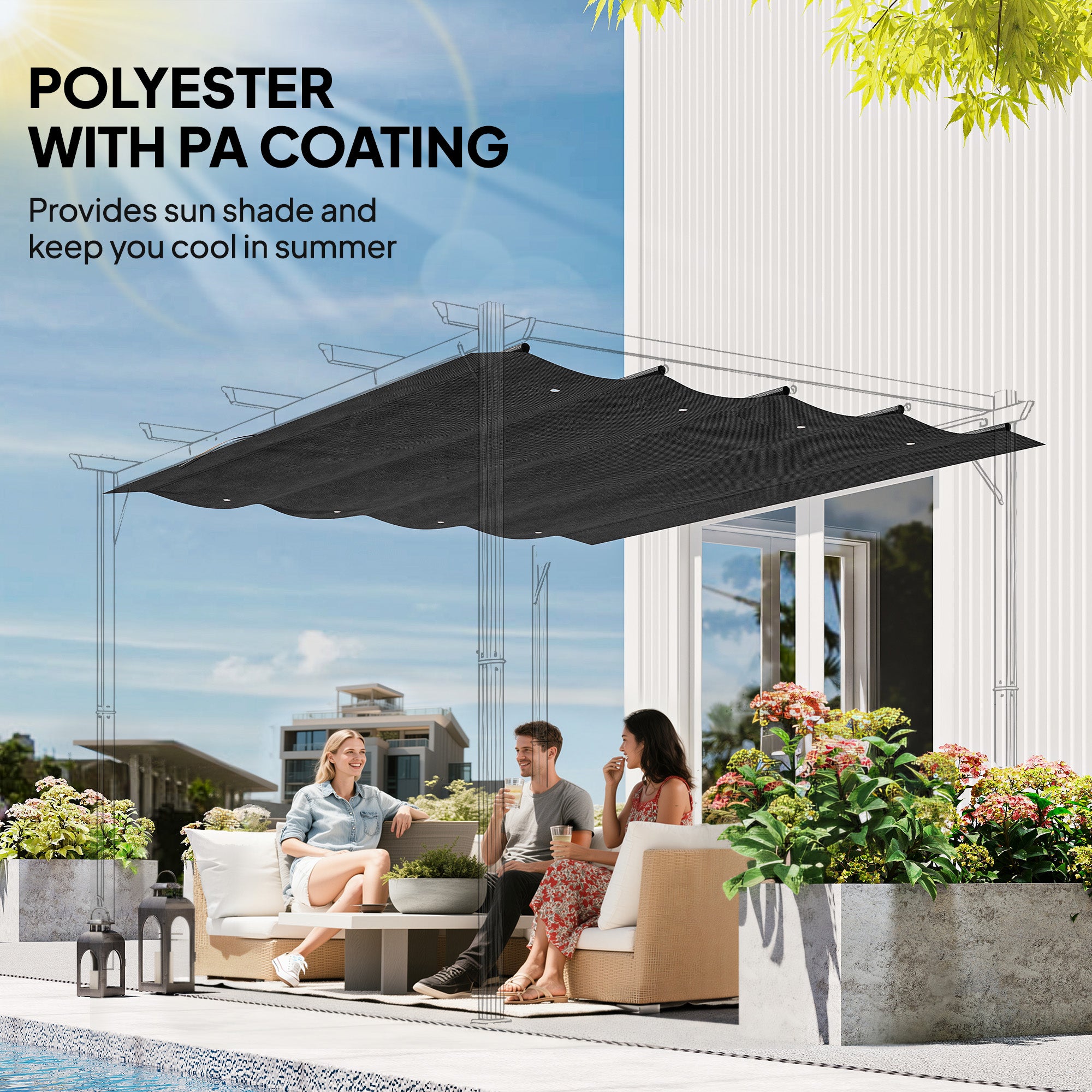 Outsunny Pergola Roof, Retractable Sun Shade Cover for 2.85 x 2m Pergola, UV30+ Protected, Dark Grey
