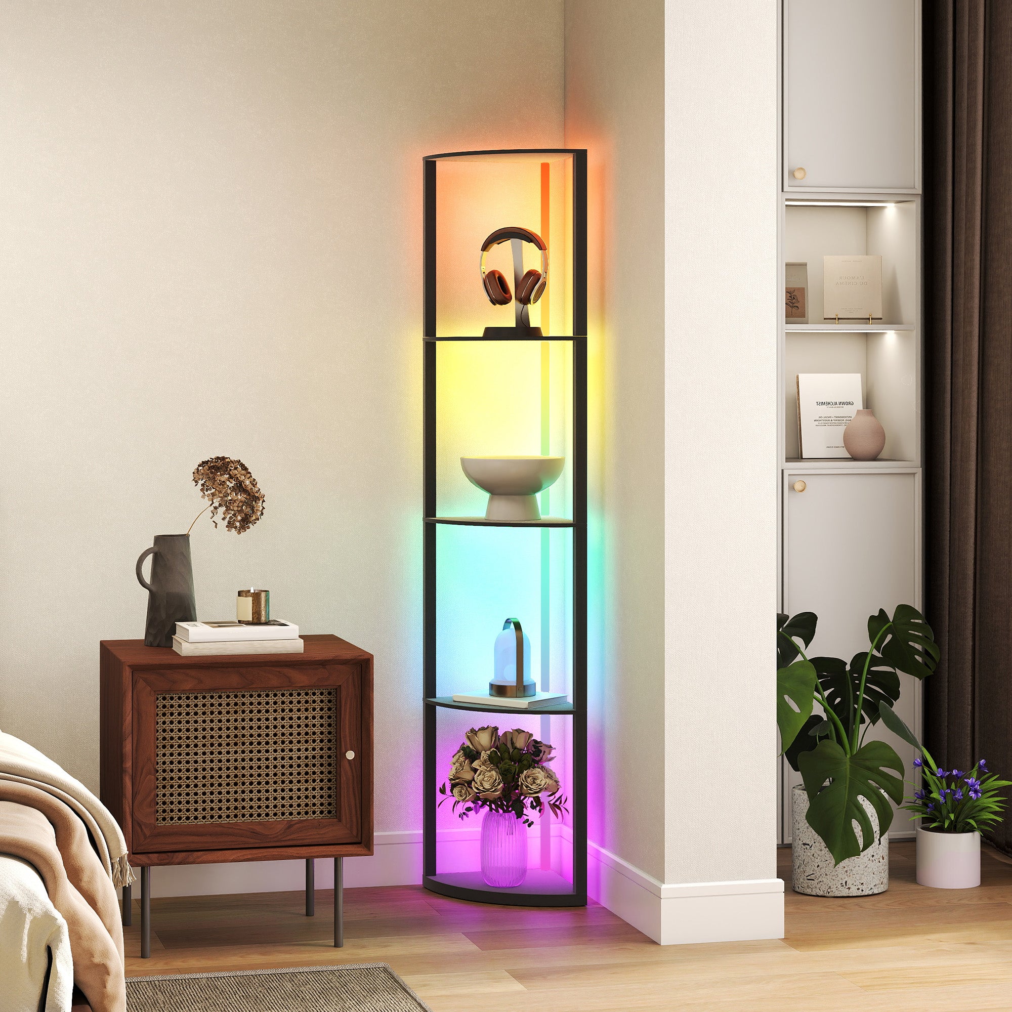 HOMCOM RGB LED Floor Lamp with Shelves, 5-Tier Dimmable Standing Lamp with Adjustable Brightness and Remote Control, Modern Corner Display Shelf Unit for Living Room Bedroom Office, Black