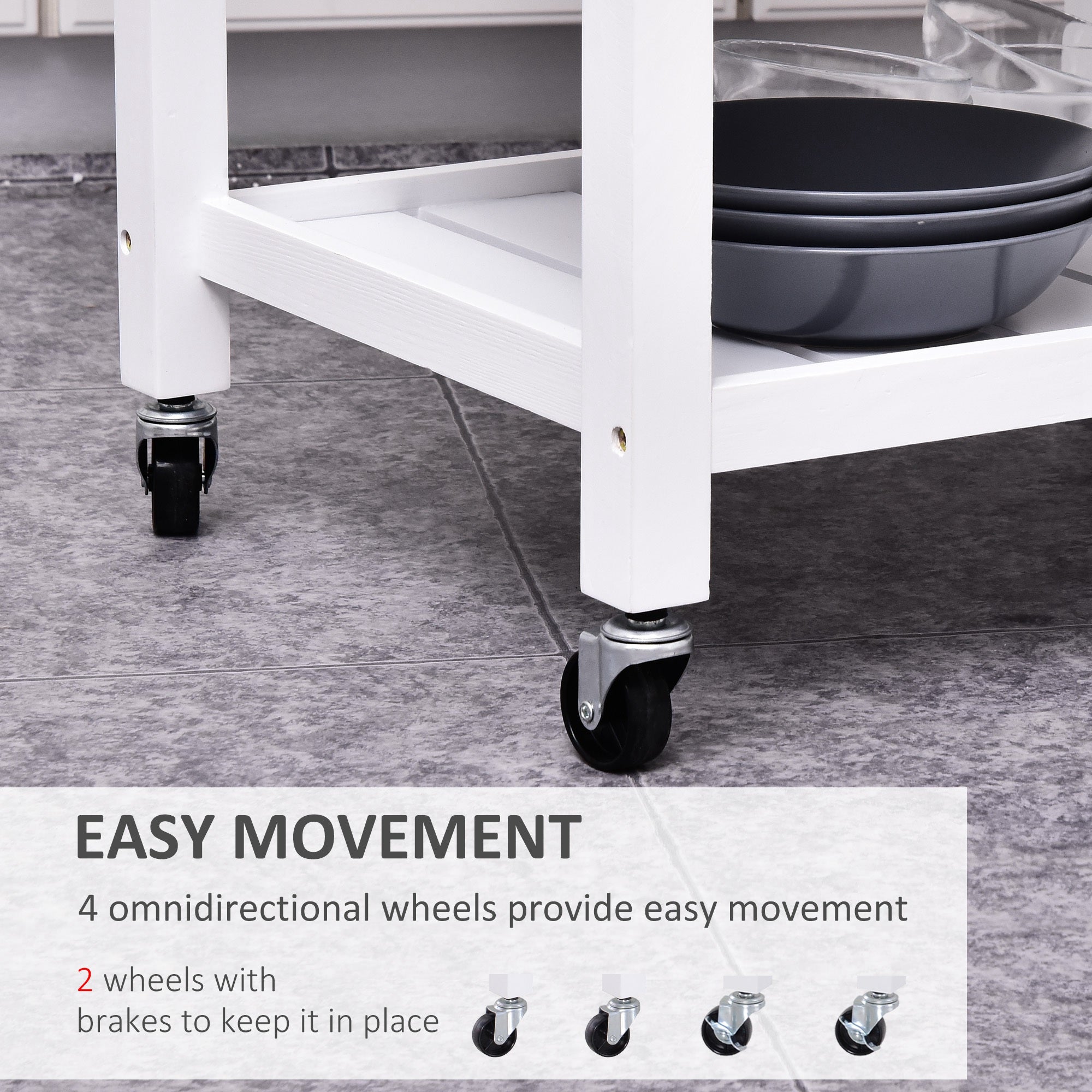 HOMCOM Kitchen Storage Trolley Cart Rolling Wheels Shelves Cupboard W/ Drawer And Towel Rail Rubber Wood Worktop White - North Peak Garden Furniture