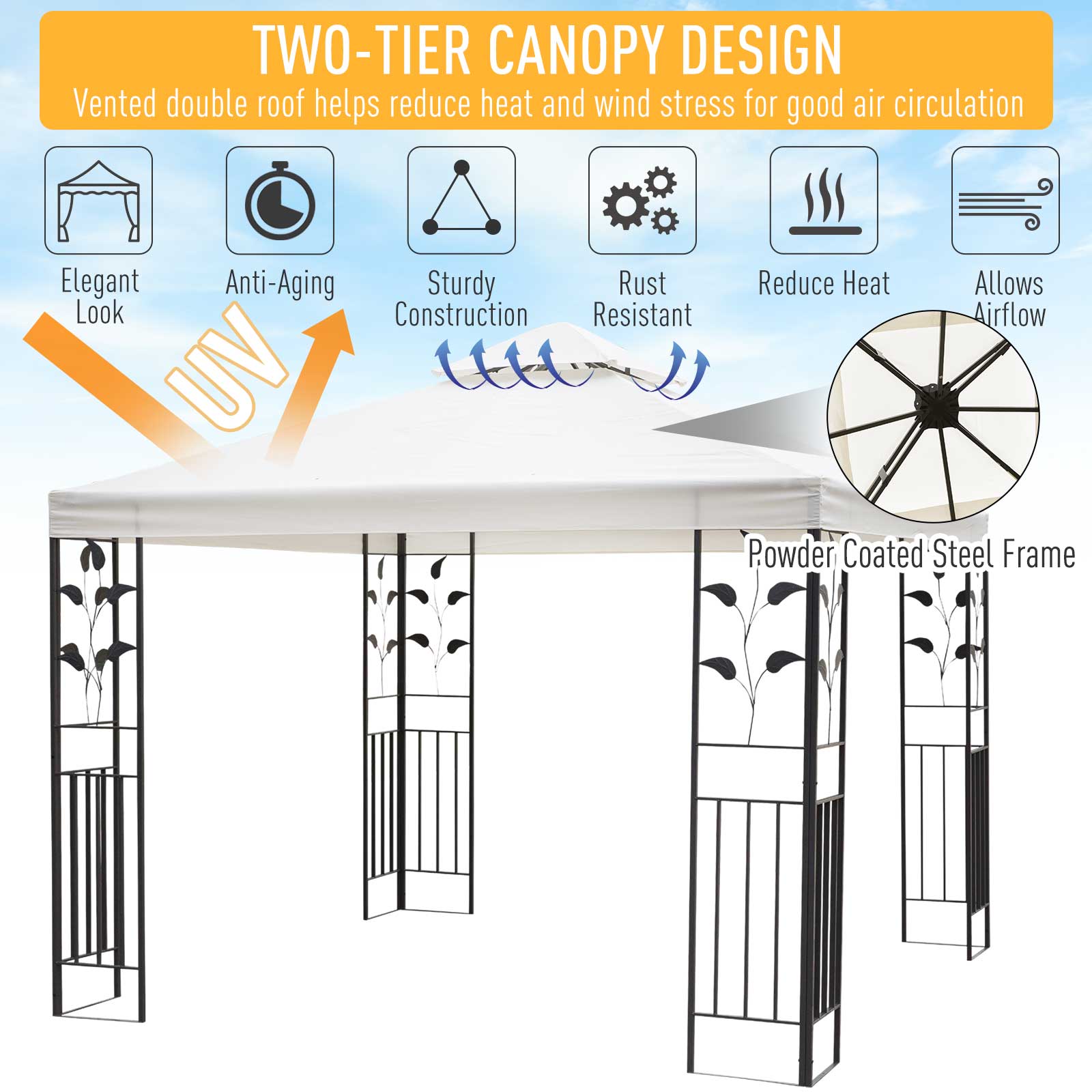 Outsunny 3 x 3m Outdoor Steel Gazebo with 2 Tier Roof, Garden Gazebo Patio Canopy Marquee Shelter with Decorative Steel Frame - Cream