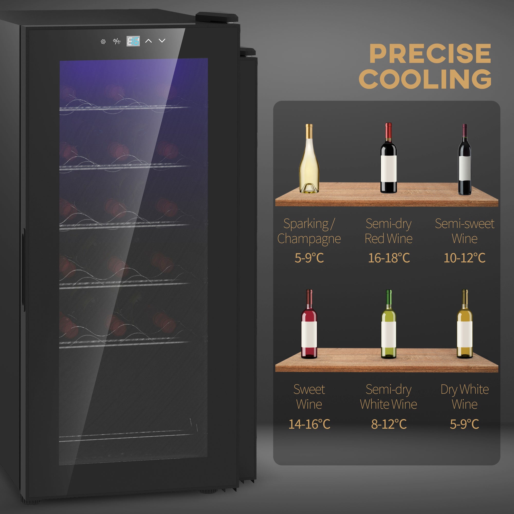 HOMCOM 50L Wine Cooler, 18 Bottles Freestanding Wine Fridge with Glass Door, LED Light, Temperature Control and Digital Touch Screen, Black - North Peak Garden Furniture