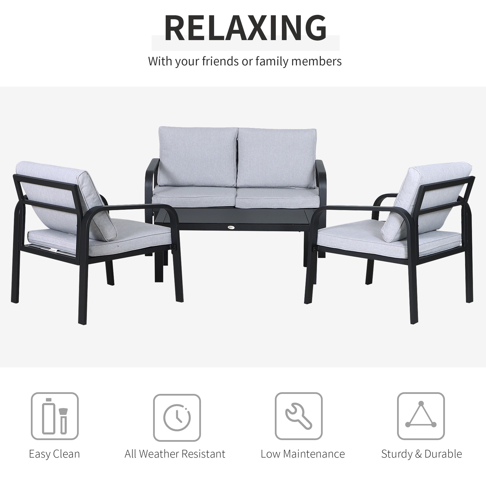 Outsunny 4pcs Garden Sofa Set 2 Single Armchair, 1 Bench & 1 Coffee Table Set Aluminum Frame Patio Furniture with Cushions, Black