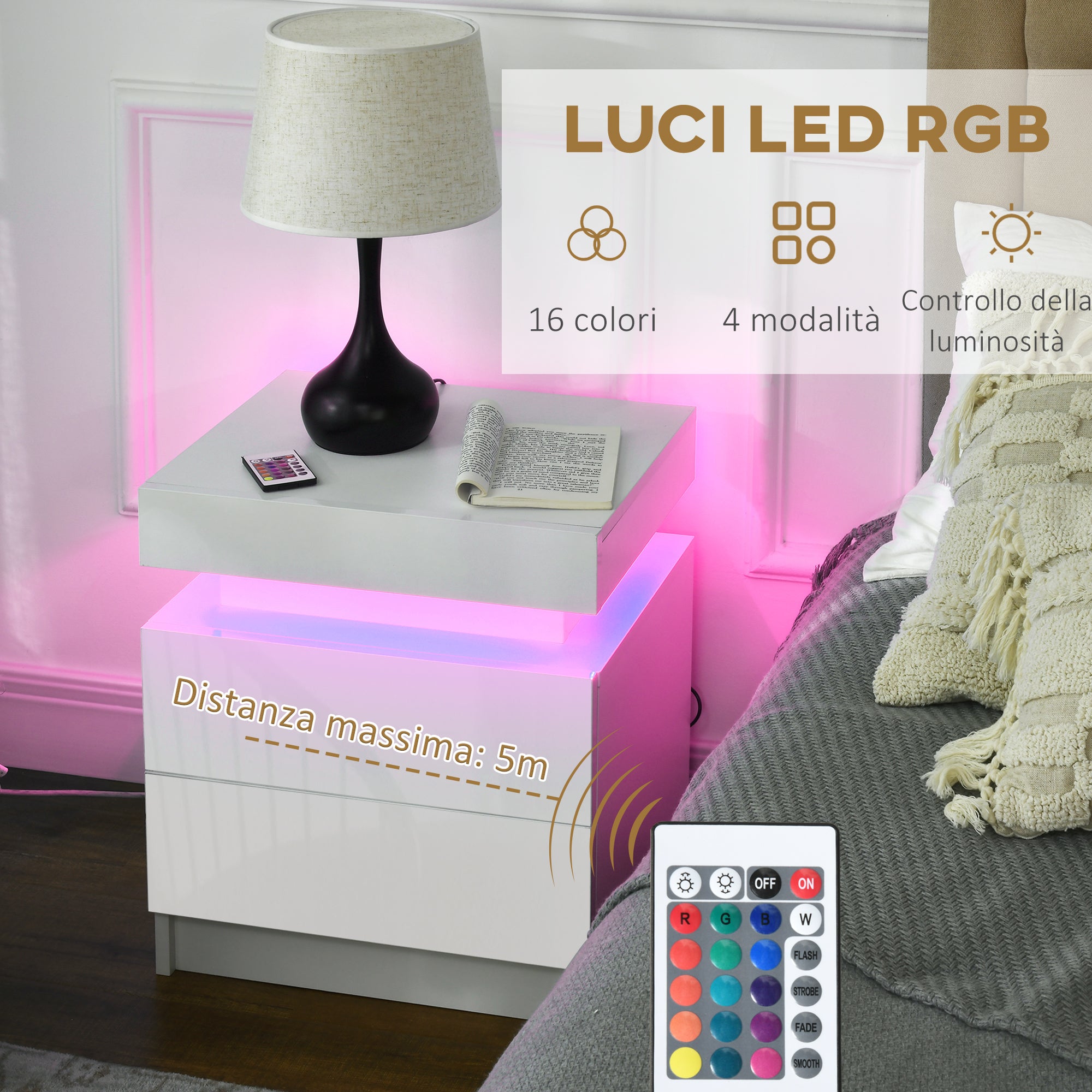 HOMCOM White Bedside Table with LED Light, High Gloss Front Nightstand with 2 Drawers, for Living Room, Bedroom - North Peak Garden Furniture