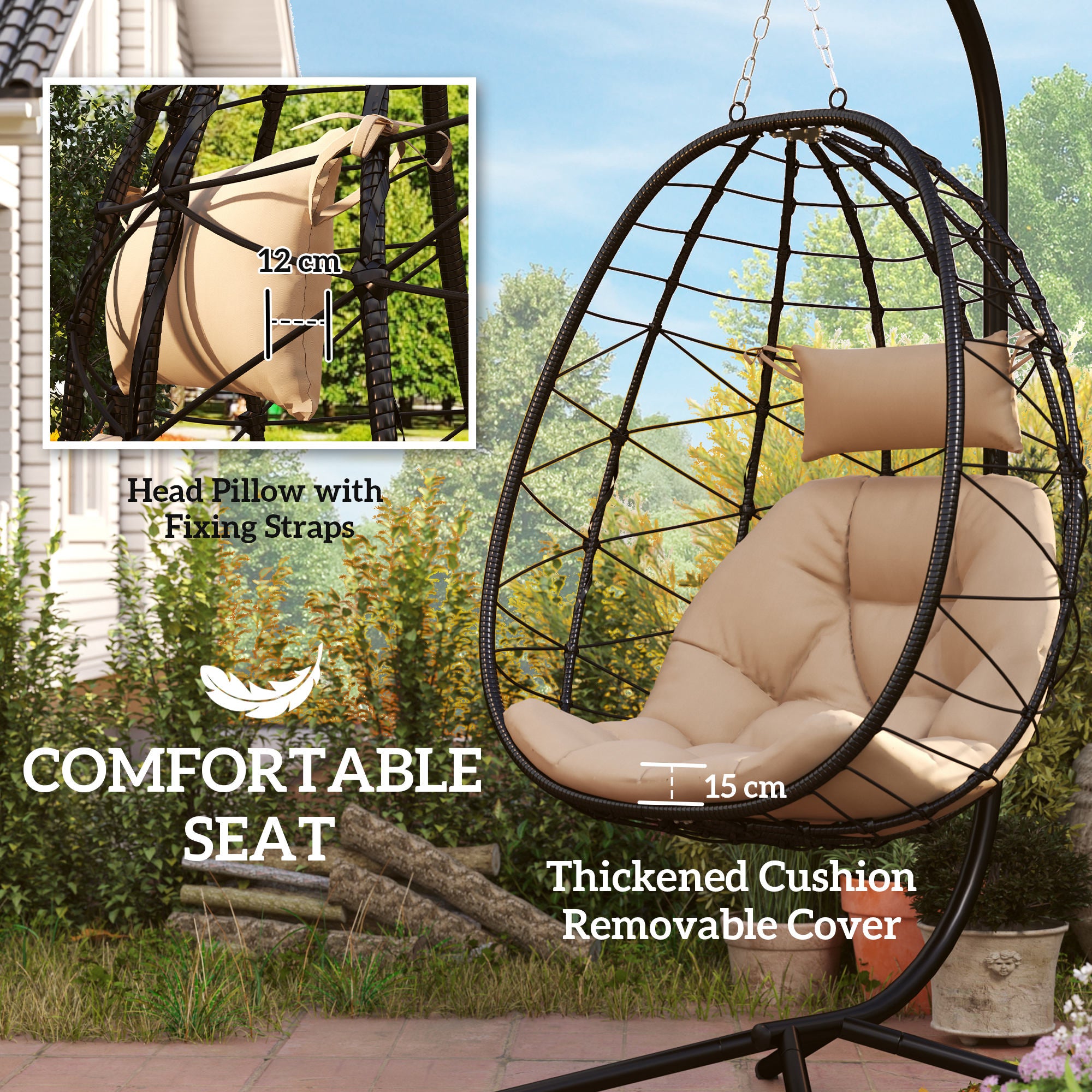 Outsunny Hanging Egg Chair Outdoor Indoor Garden Swing Chair with Folding Basket, Thickened Cushion, Garden Hanging Chair with Stand, Headrest for Patio, Balcony, Khaki - North Peak Garden Furniture
